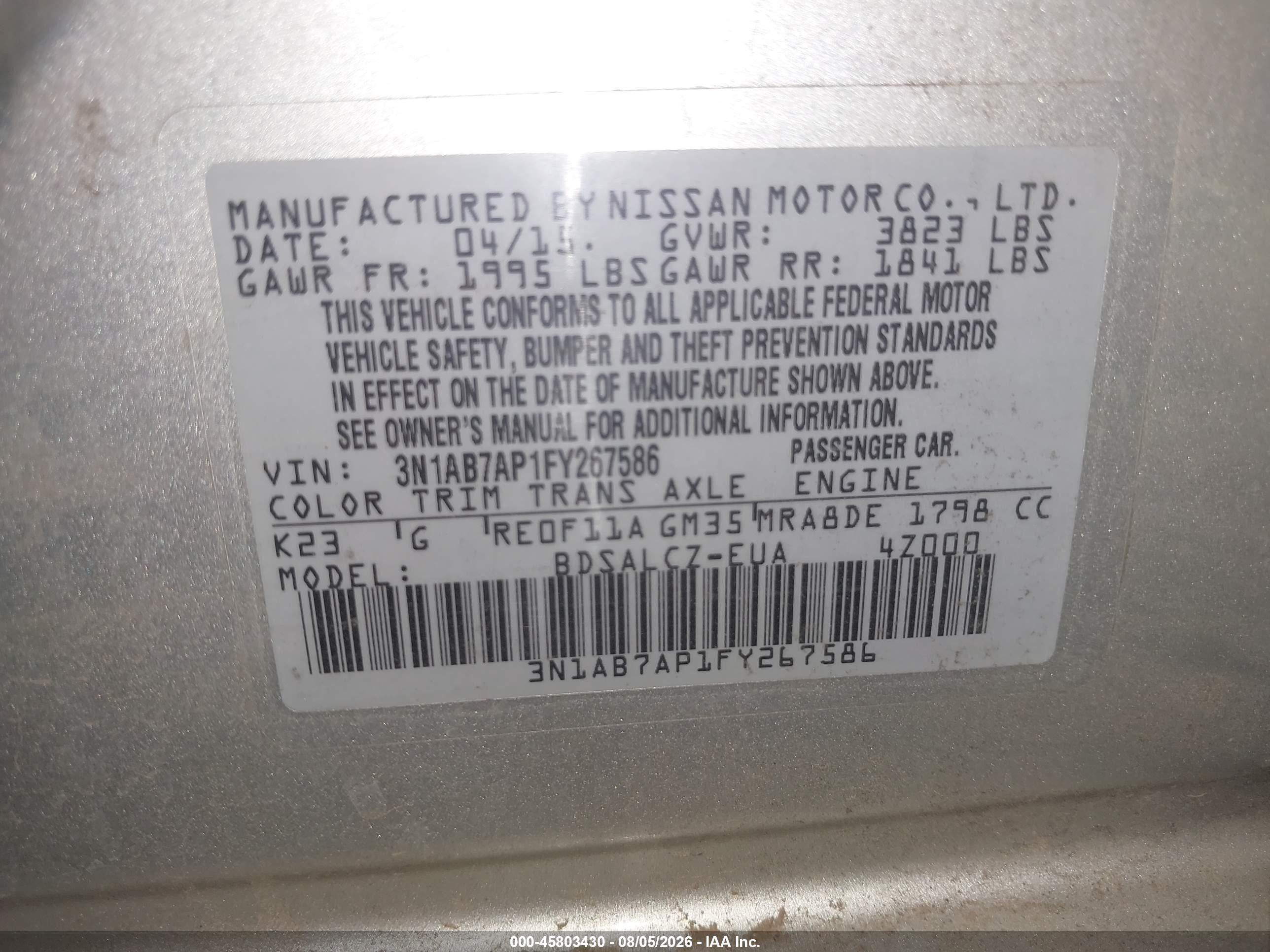 2015 Nissan Sentra S Gray vin: 3N1AB7AP1FY267586