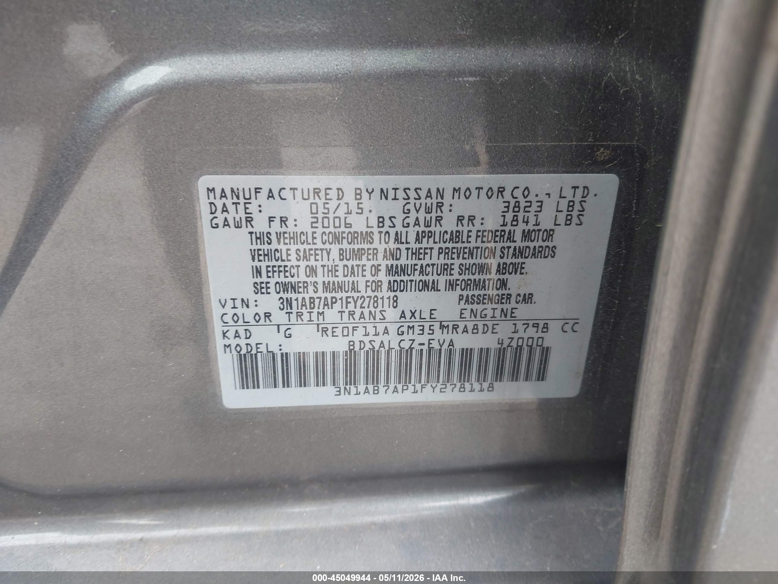 2015 Nissan Sentra S Gray vin: 3N1AB7AP1FY278118