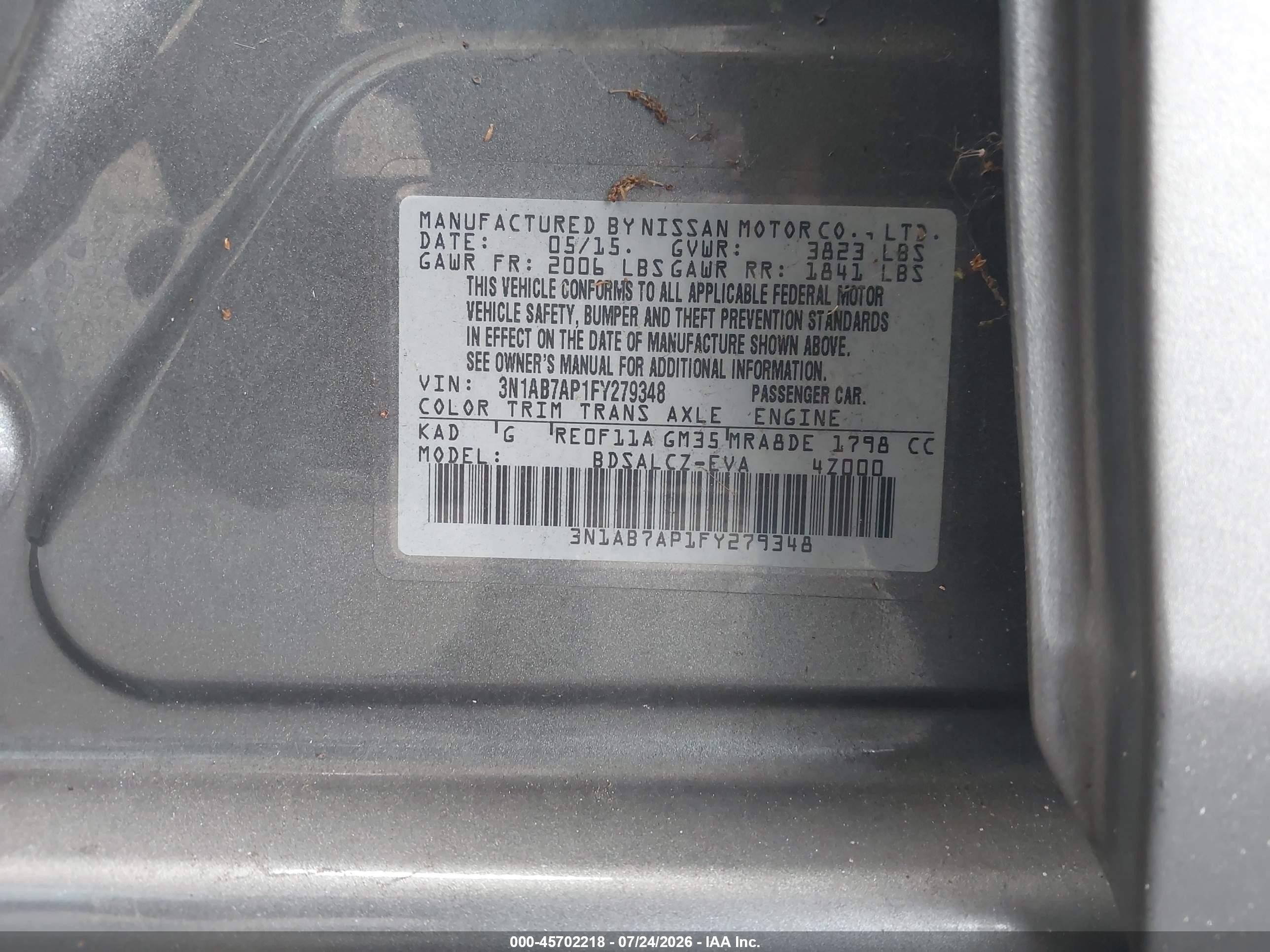 2015 Nissan Sentra S Gray vin: 3N1AB7AP1FY279348