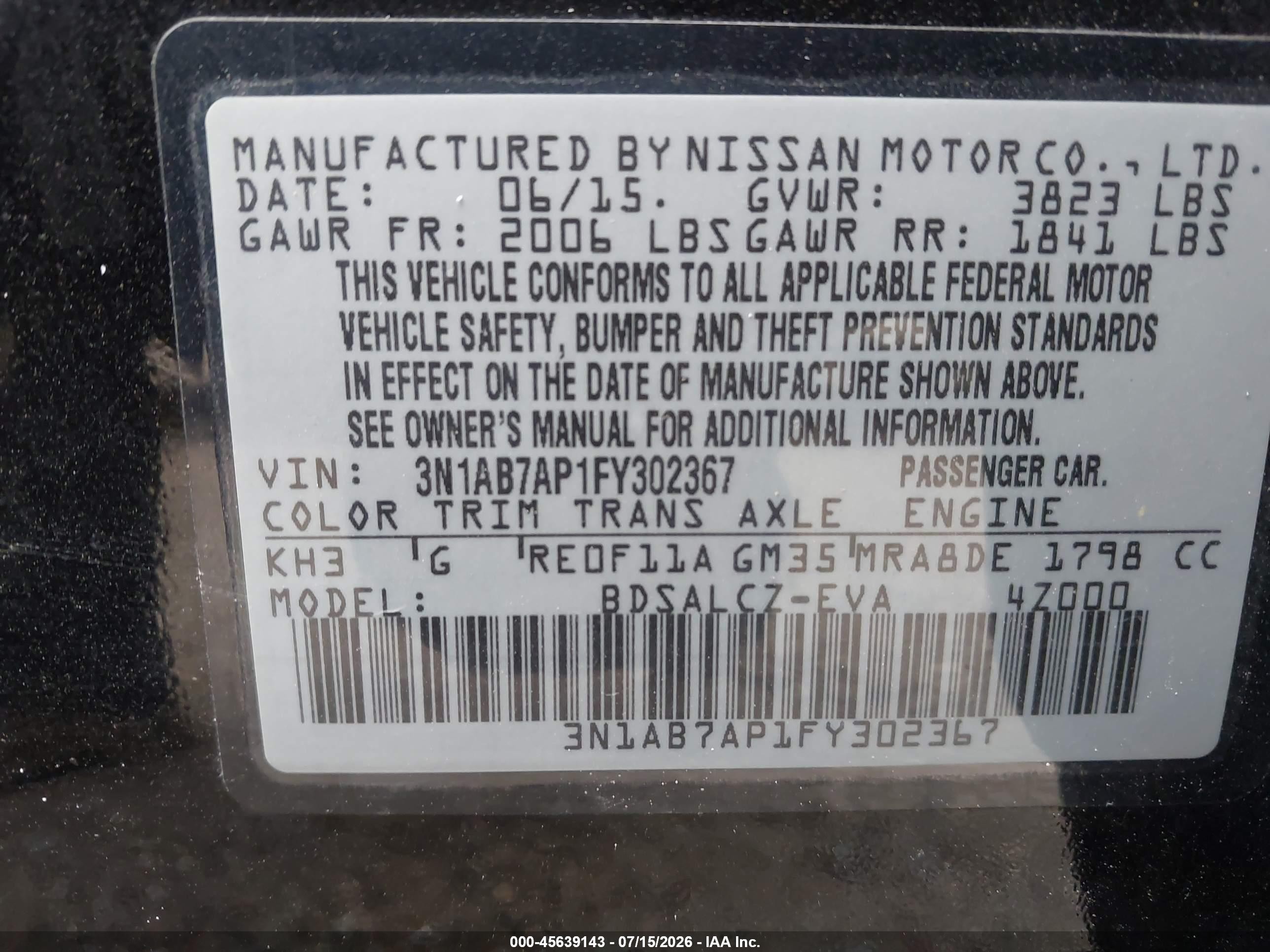 2015 Nissan Sentra S Black vin: 3N1AB7AP1FY302367