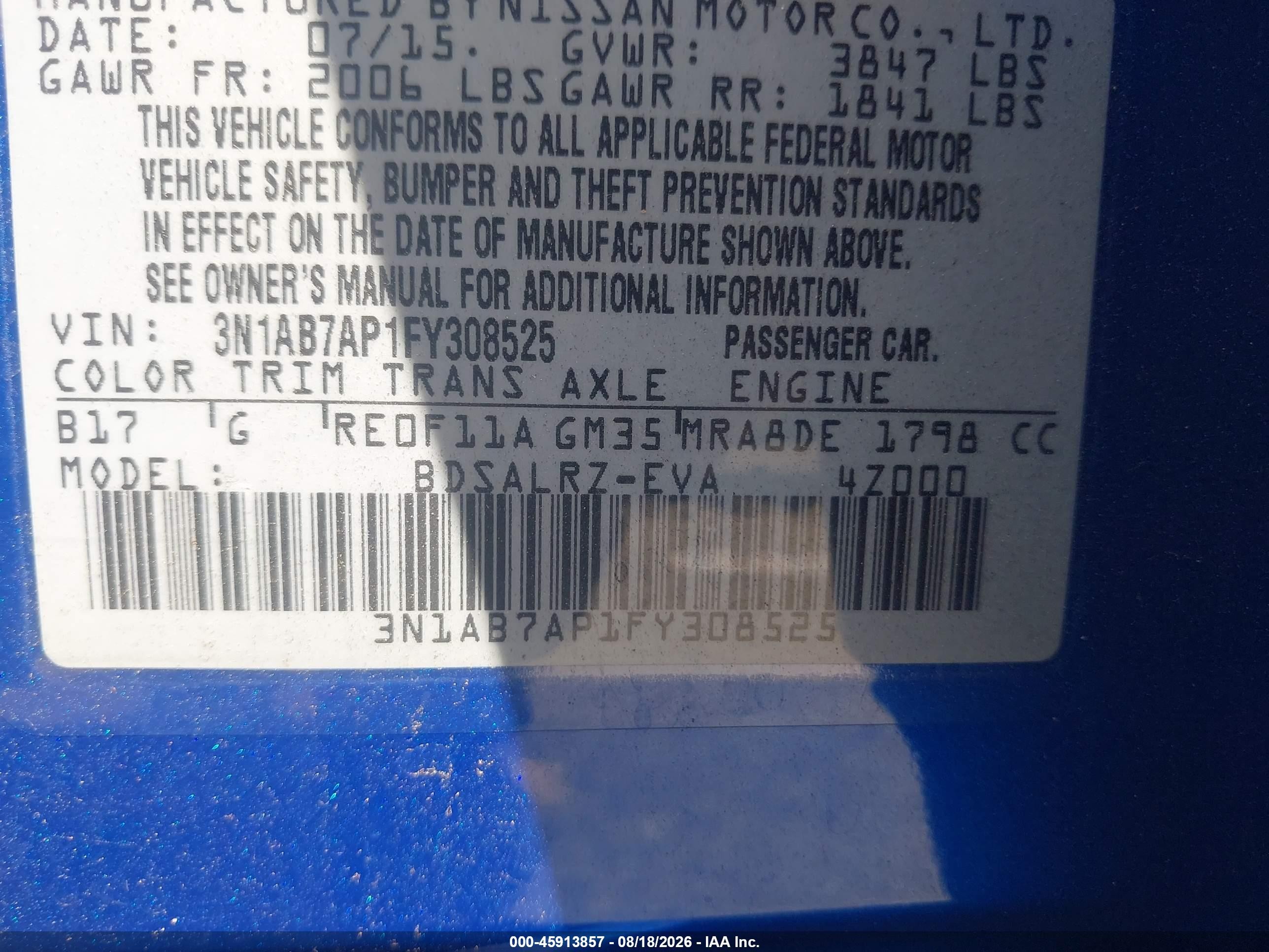 2015 Nissan Sentra Sr Синий vin: 3N1AB7AP1FY308525