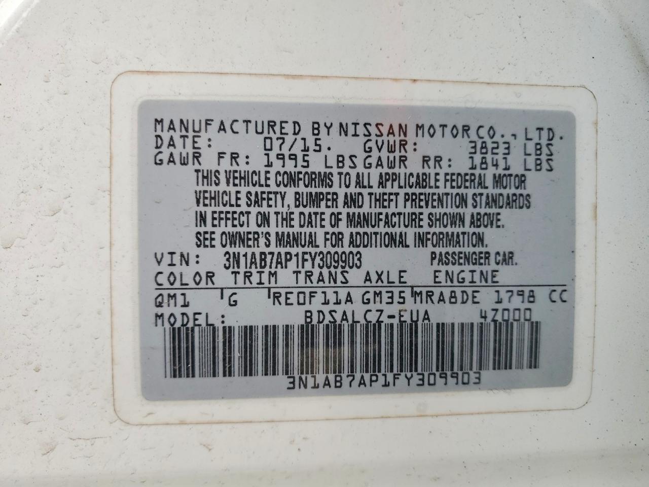 2015 Nissan Sentra S White vin: 3N1AB7AP1FY309903