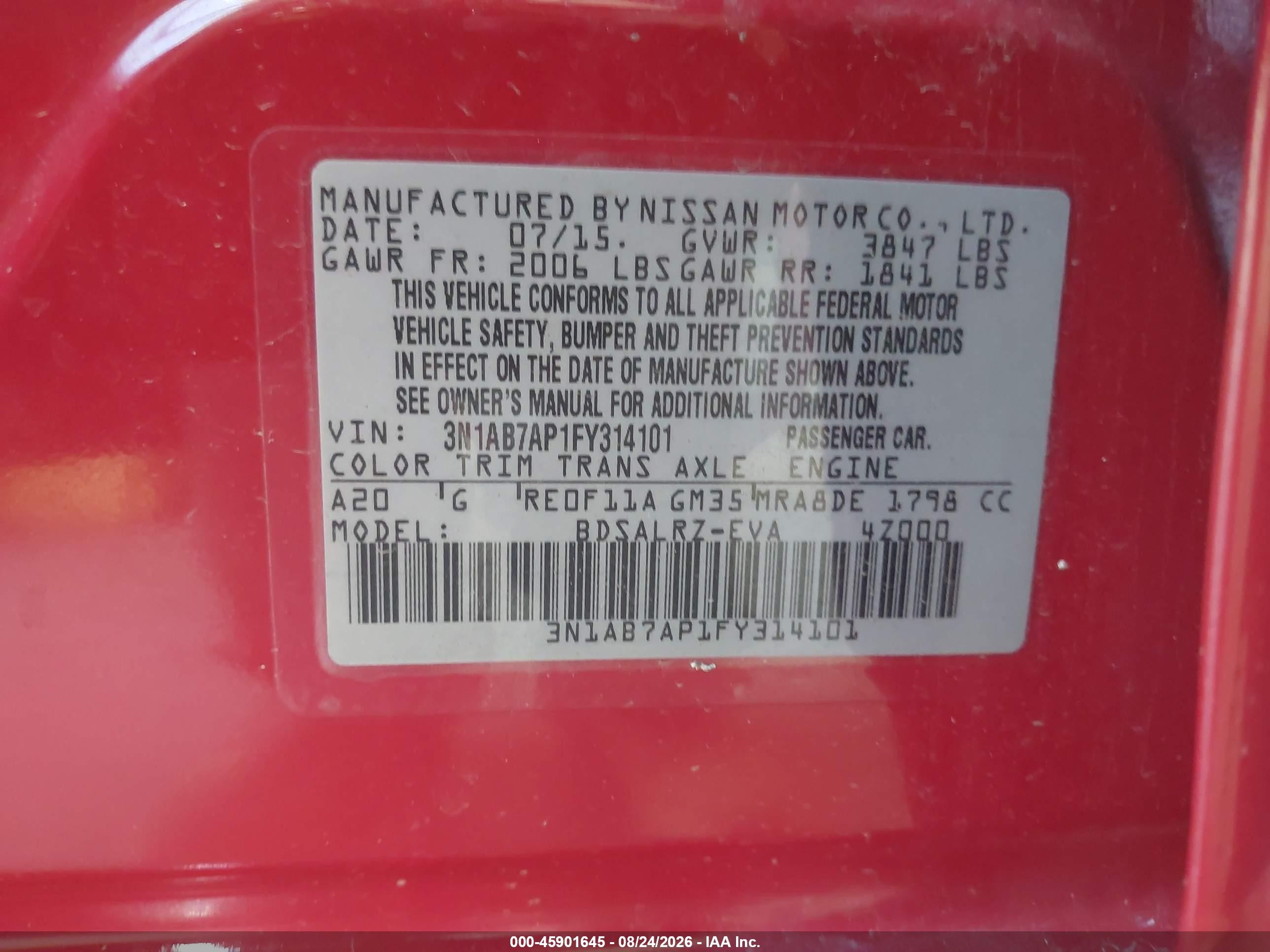 2015 Nissan Sentra Sr Red vin: 3N1AB7AP1FY314101