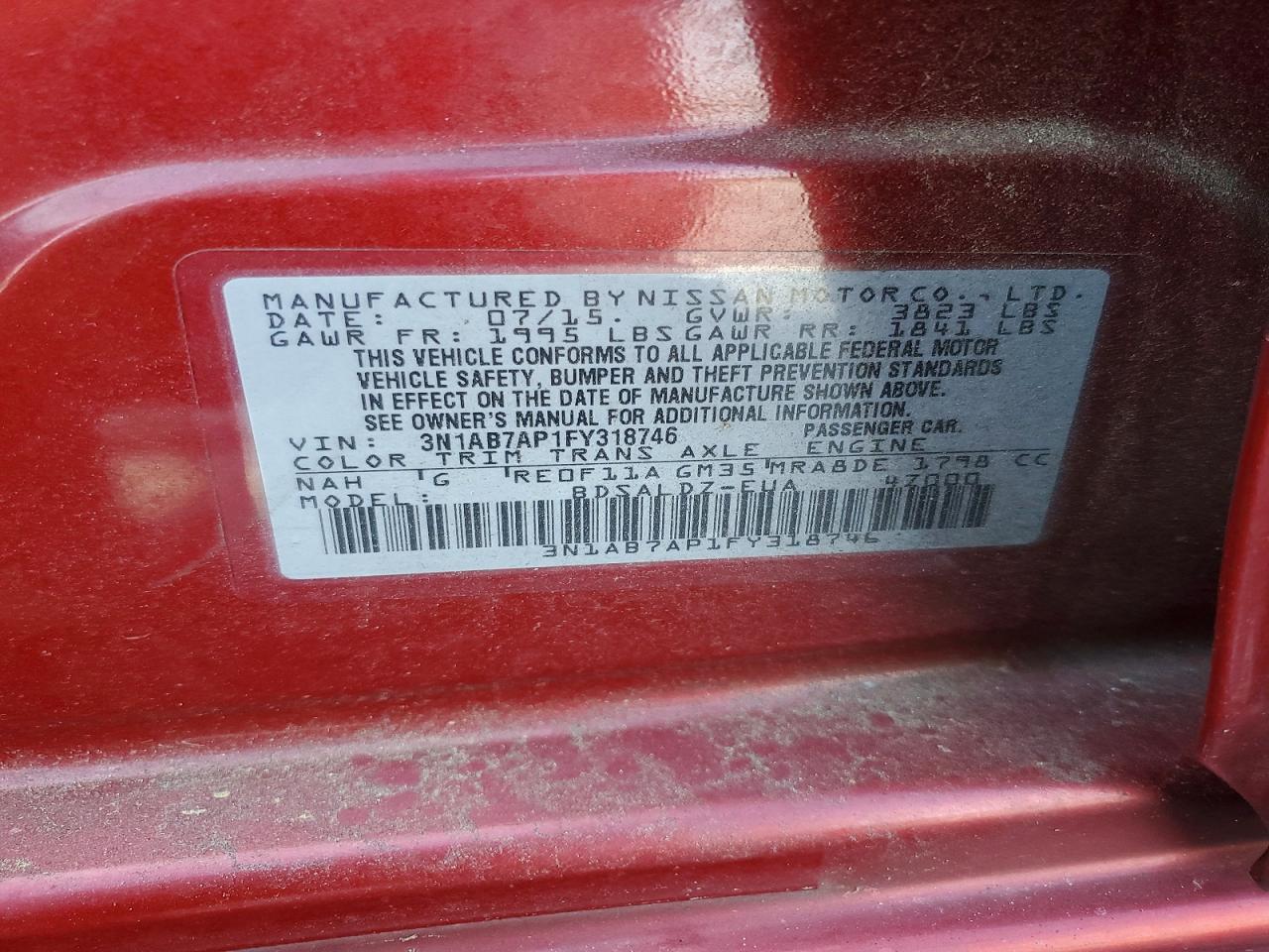 2015 Nissan Sentra Sv Red vin: 3N1AB7AP1FY318746