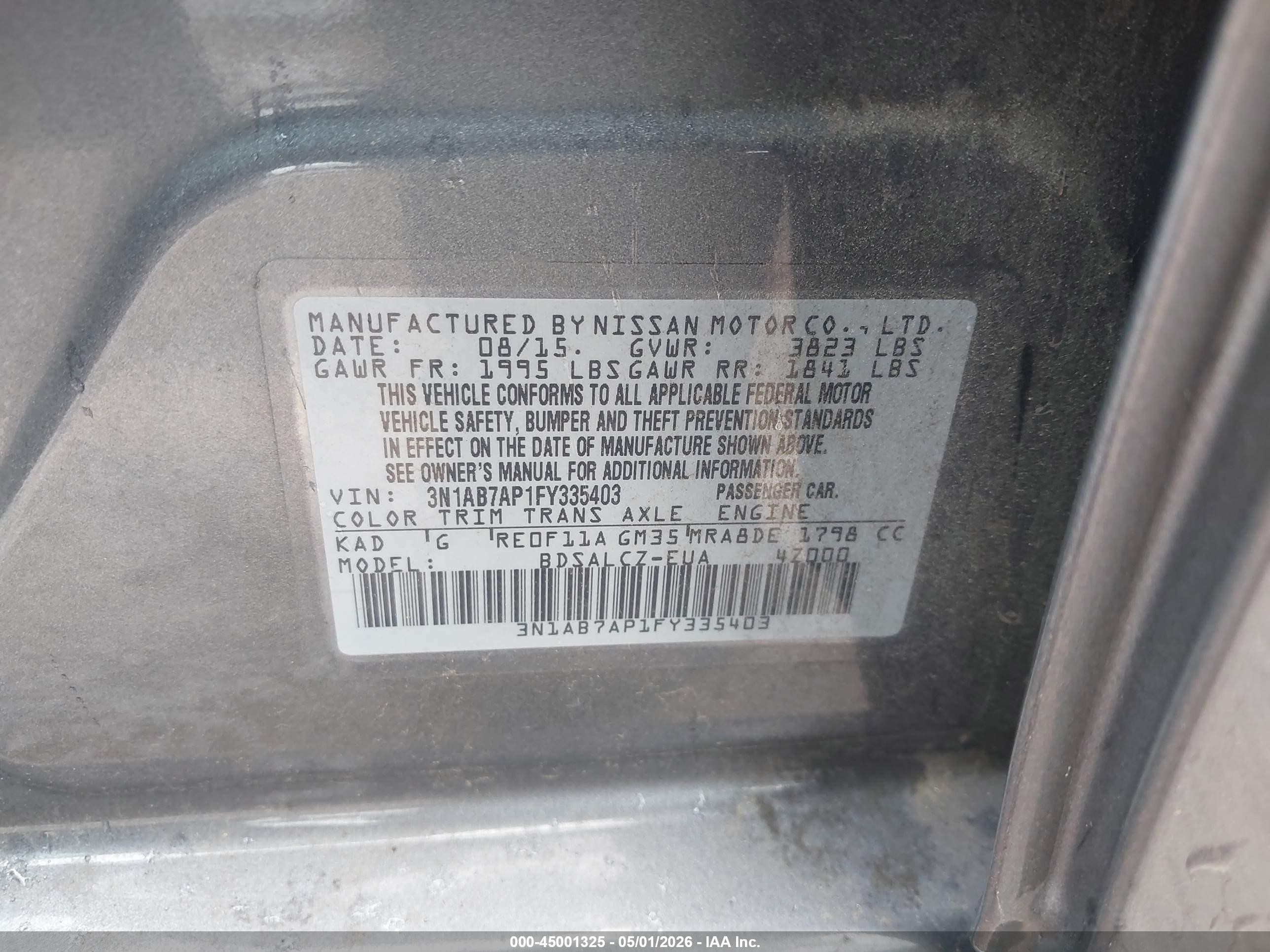 2015 Nissan Sentra S Серый vin: 3N1AB7AP1FY335403