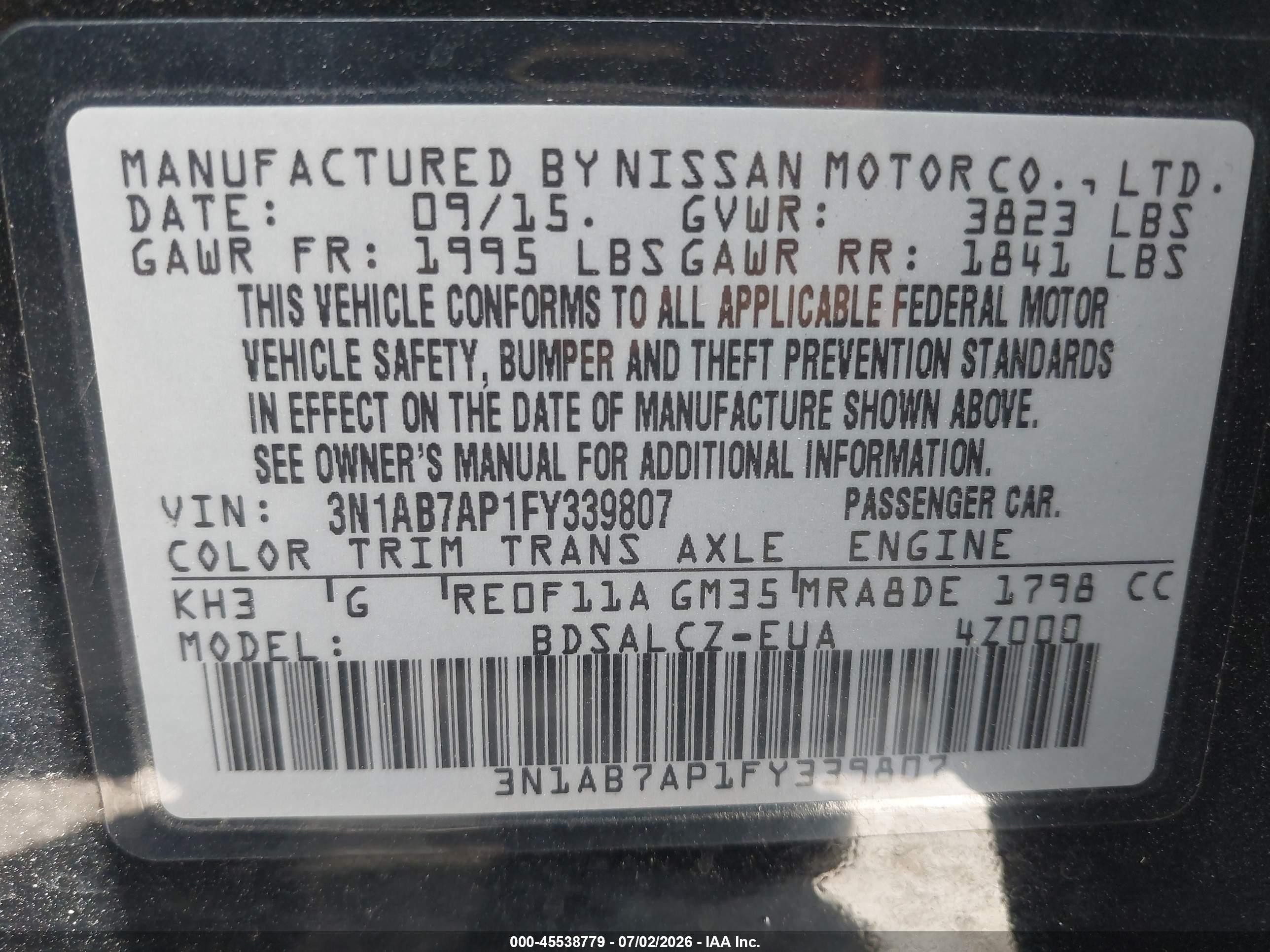 2015 Nissan Sentra S Black vin: 3N1AB7AP1FY339807