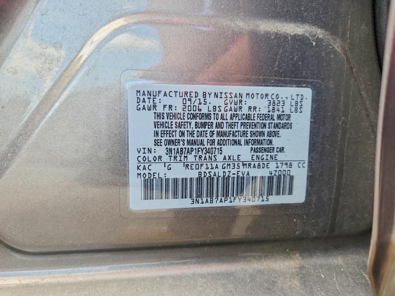 2015 Nissan Sentra Sv Gray vin: 3N1AB7AP1FY340715