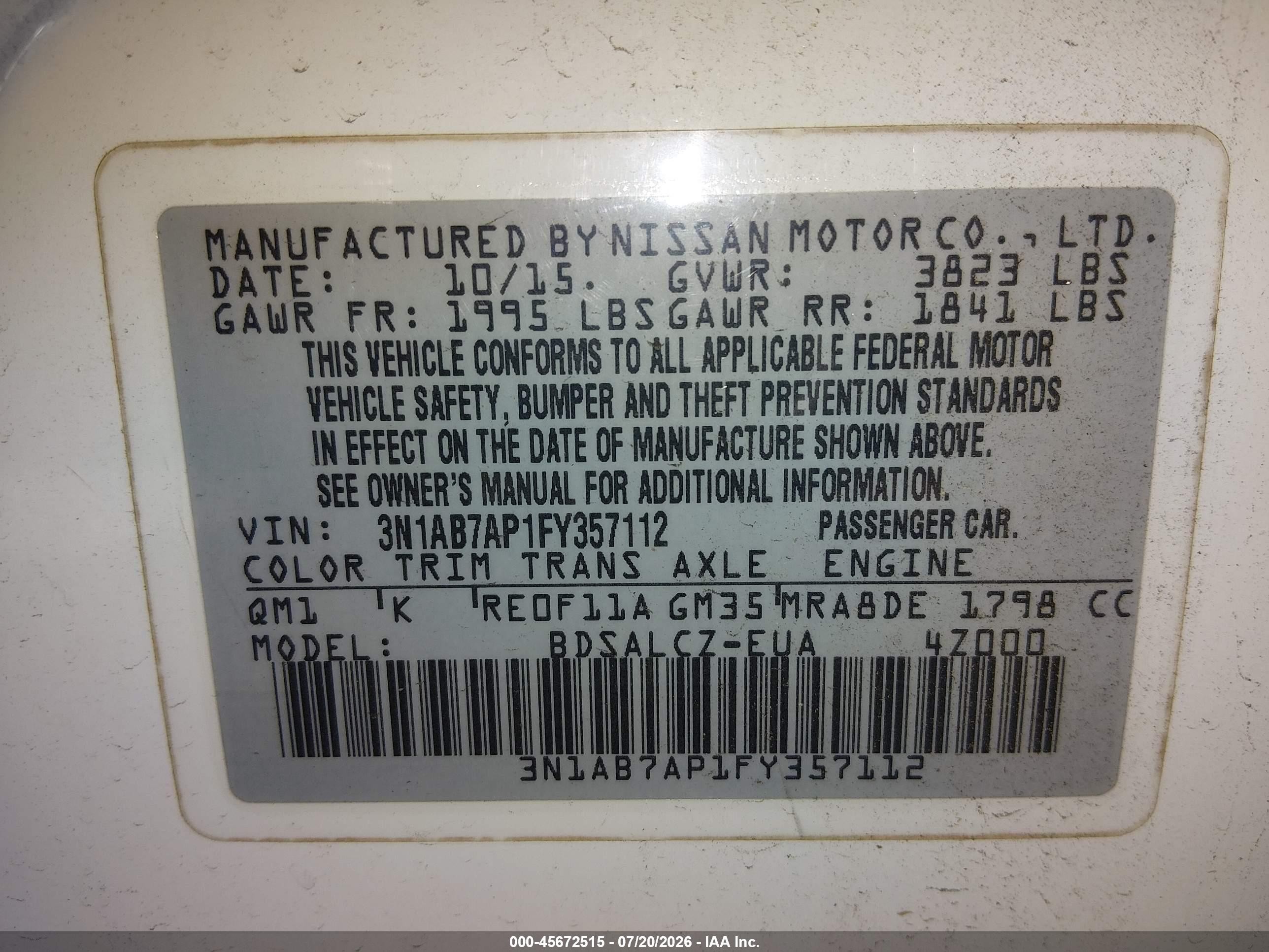 2015 Nissan Sentra S White vin: 3N1AB7AP1FY357112