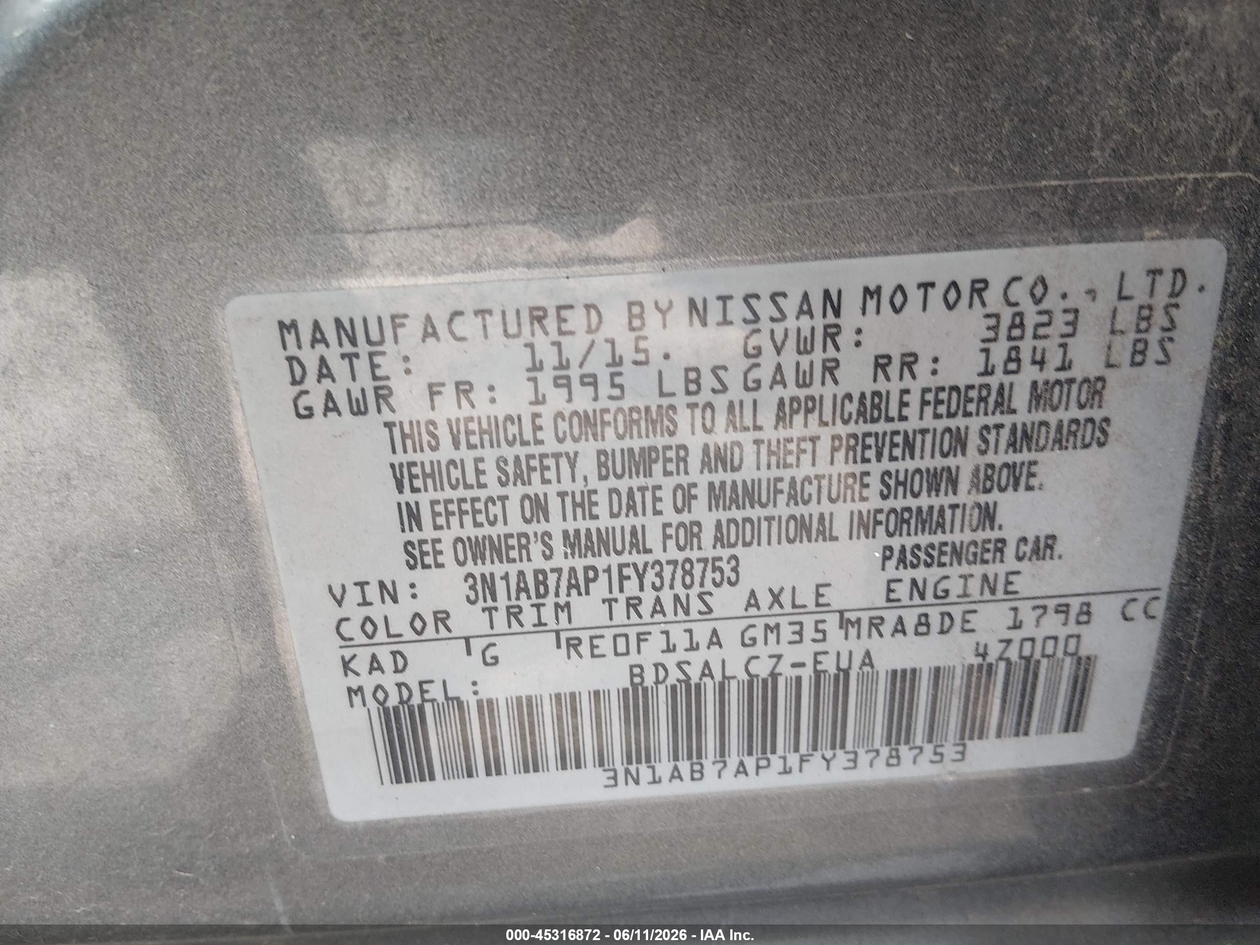 2015 Nissan Sentra S Серый vin: 3N1AB7AP1FY378753