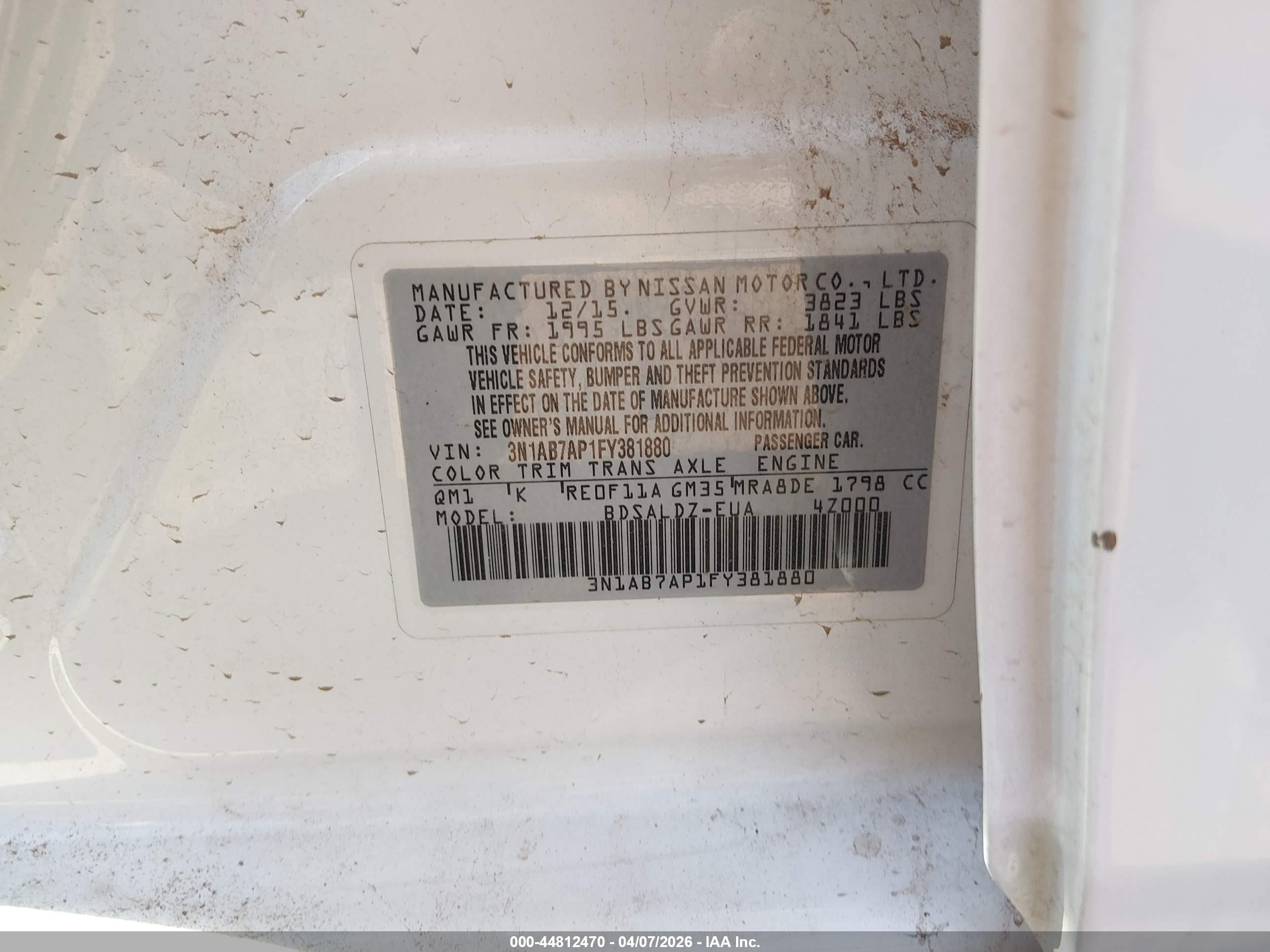 2015 Nissan Sentra Sv White vin: 3N1AB7AP1FY381880