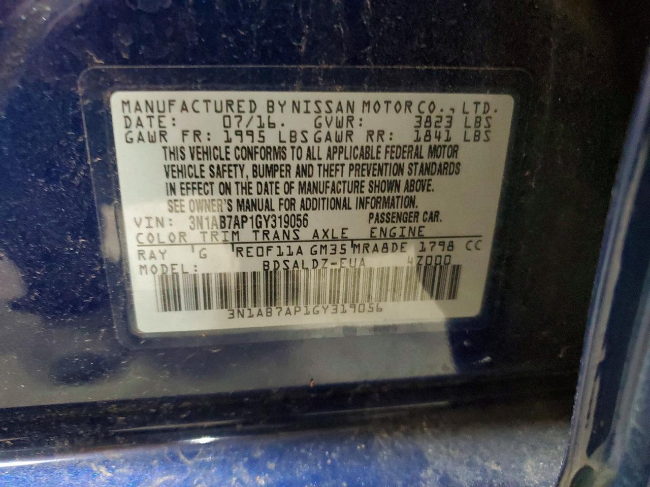 2016 Nissan Sentra Sv Blue vin: 3N1AB7AP1GY319056