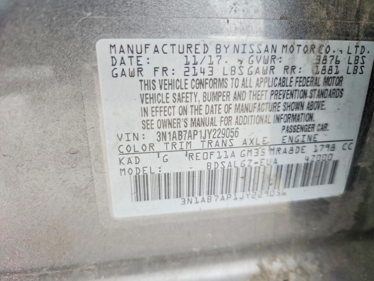 2018 Nissan Sentra Sl Gray vin: 3N1AB7AP1JY229056