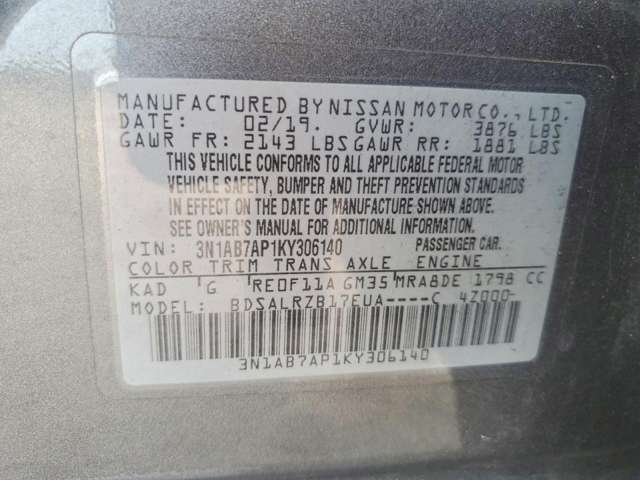 2019 Nissan Sentra Sr Угольный vin: 3N1AB7AP1KY306140
