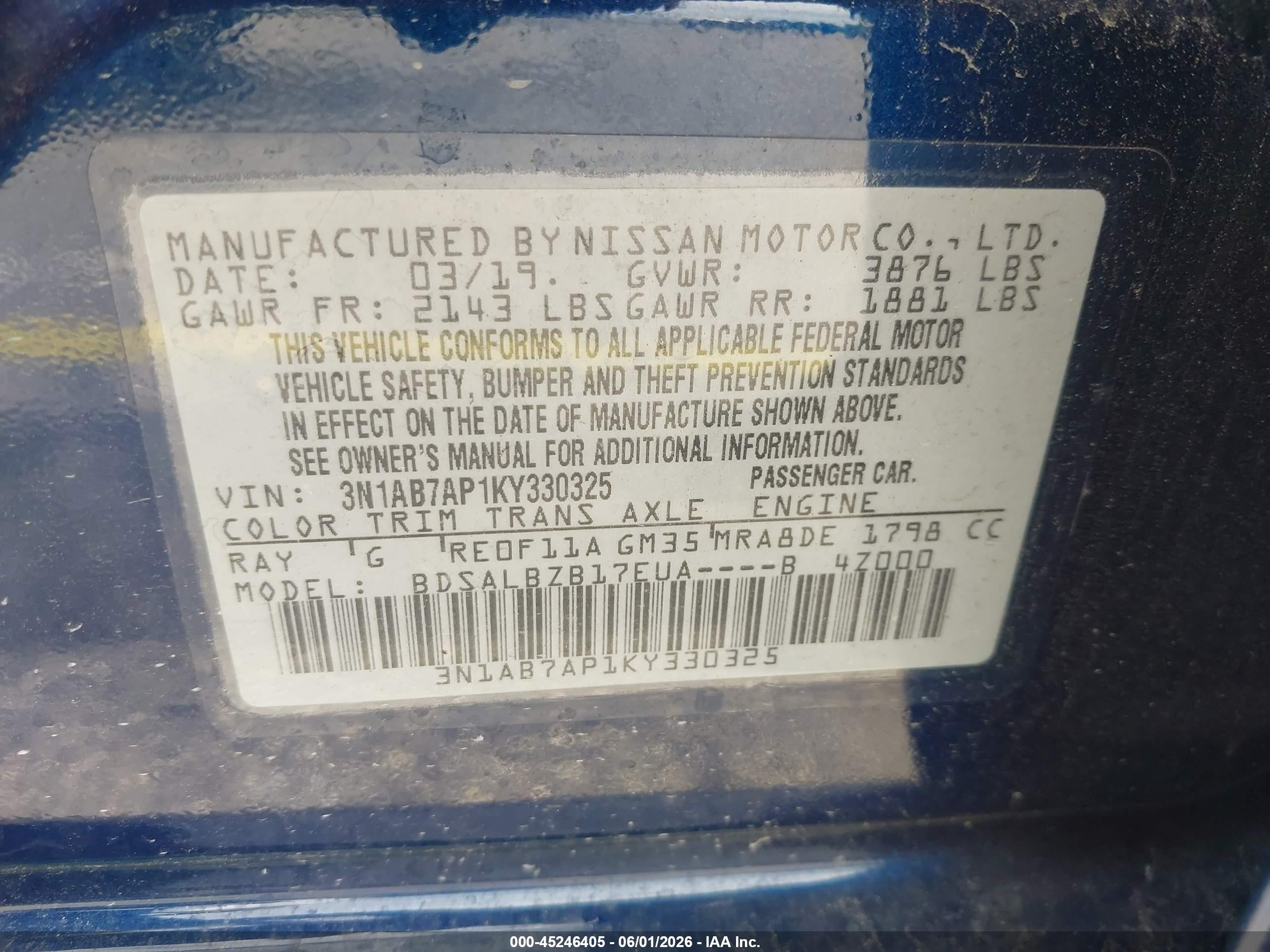 2019 Nissan Sentra S Blue vin: 3N1AB7AP1KY330325