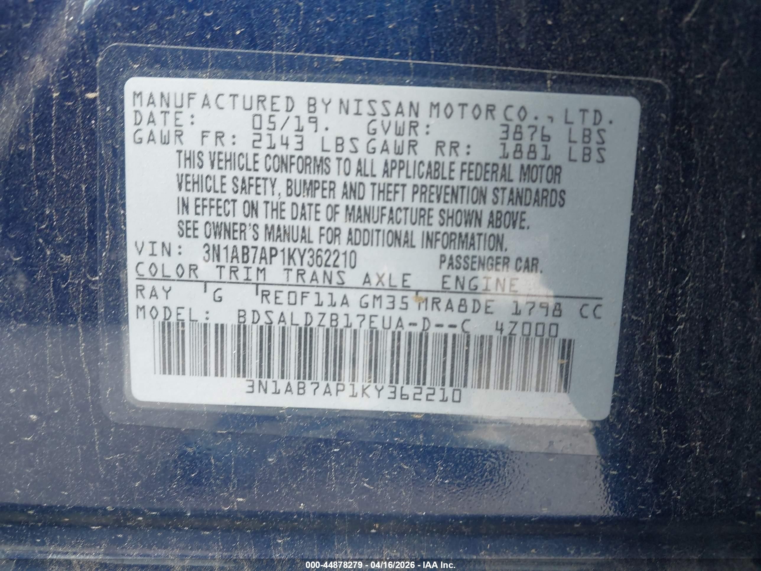 2019 Nissan Sentra Sv Dark Blue vin: 3N1AB7AP1KY362210