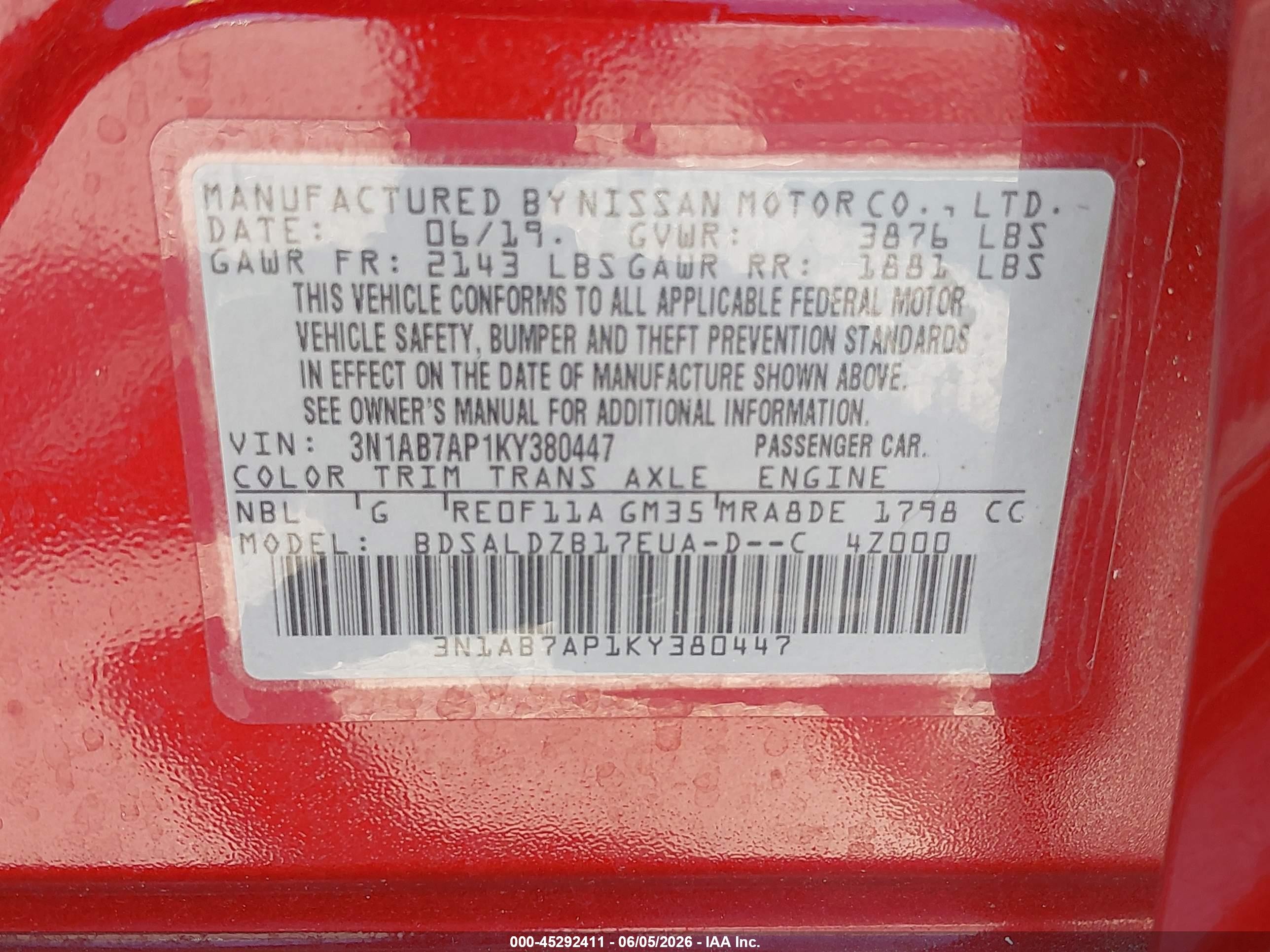 2019 Nissan Sentra Sv Maroon vin: 3N1AB7AP1KY380447