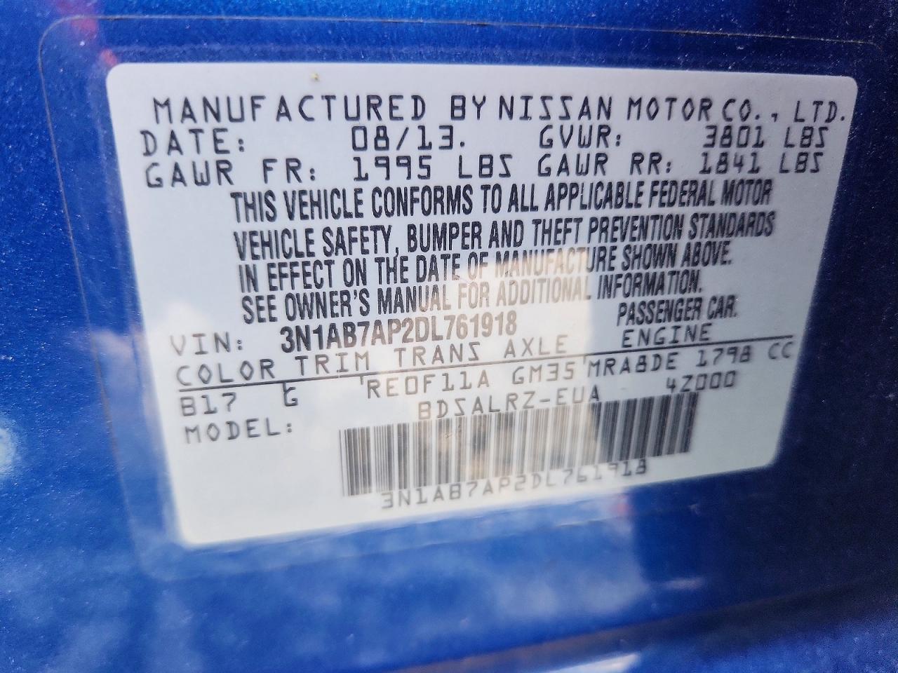 2013 Nissan Sentra S Blue vin: 3N1AB7AP2DL761918