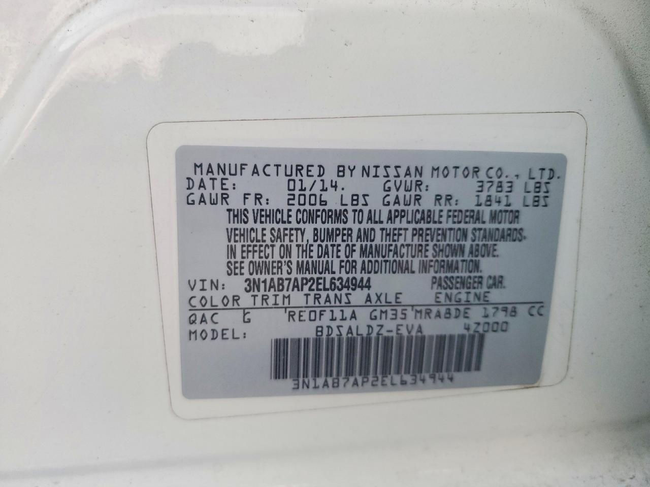 2014 Nissan Sentra S White vin: 3N1AB7AP2EL634944