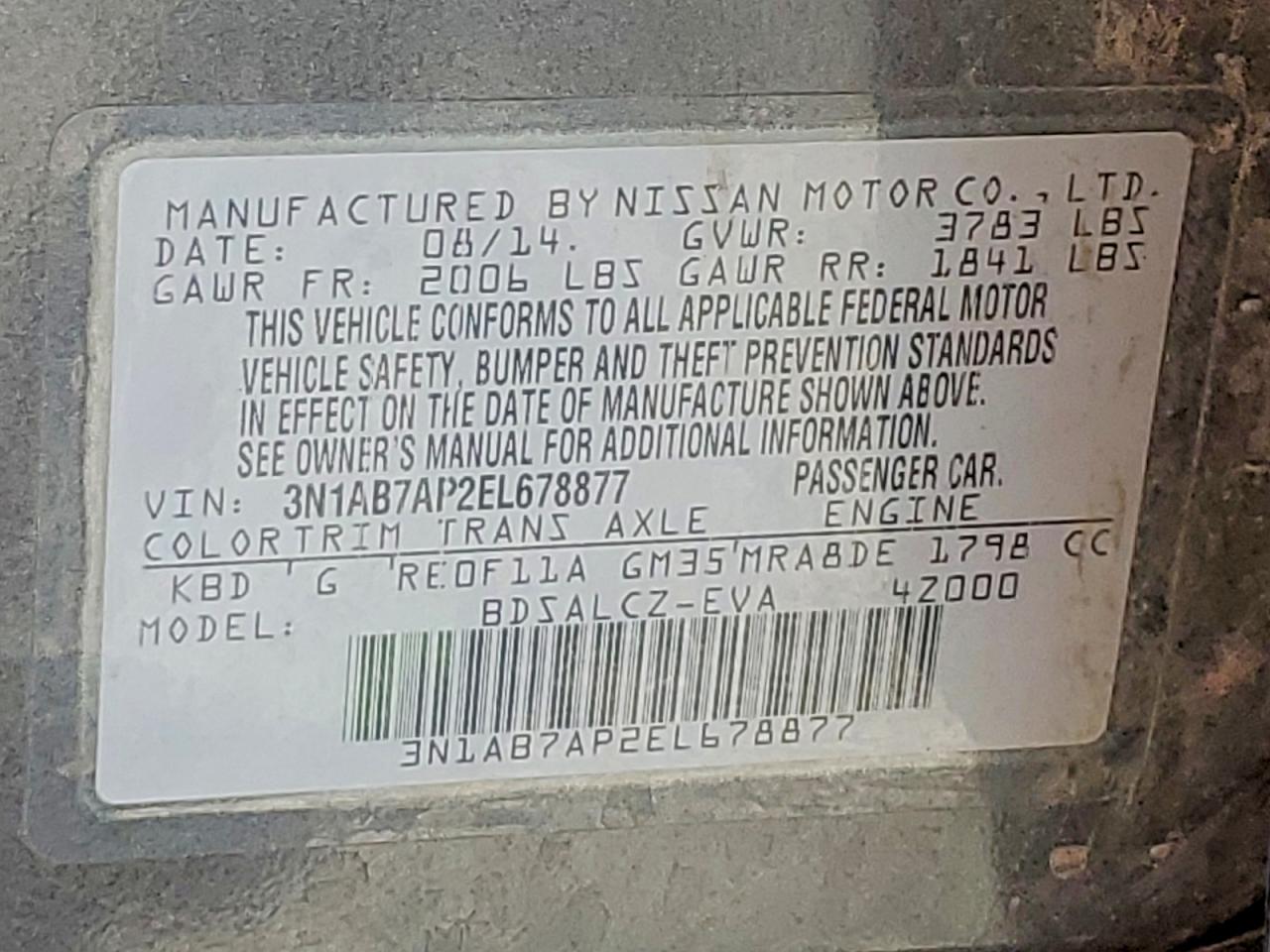 2014 Nissan Sentra S Charcoal vin: 3N1AB7AP2EL678877