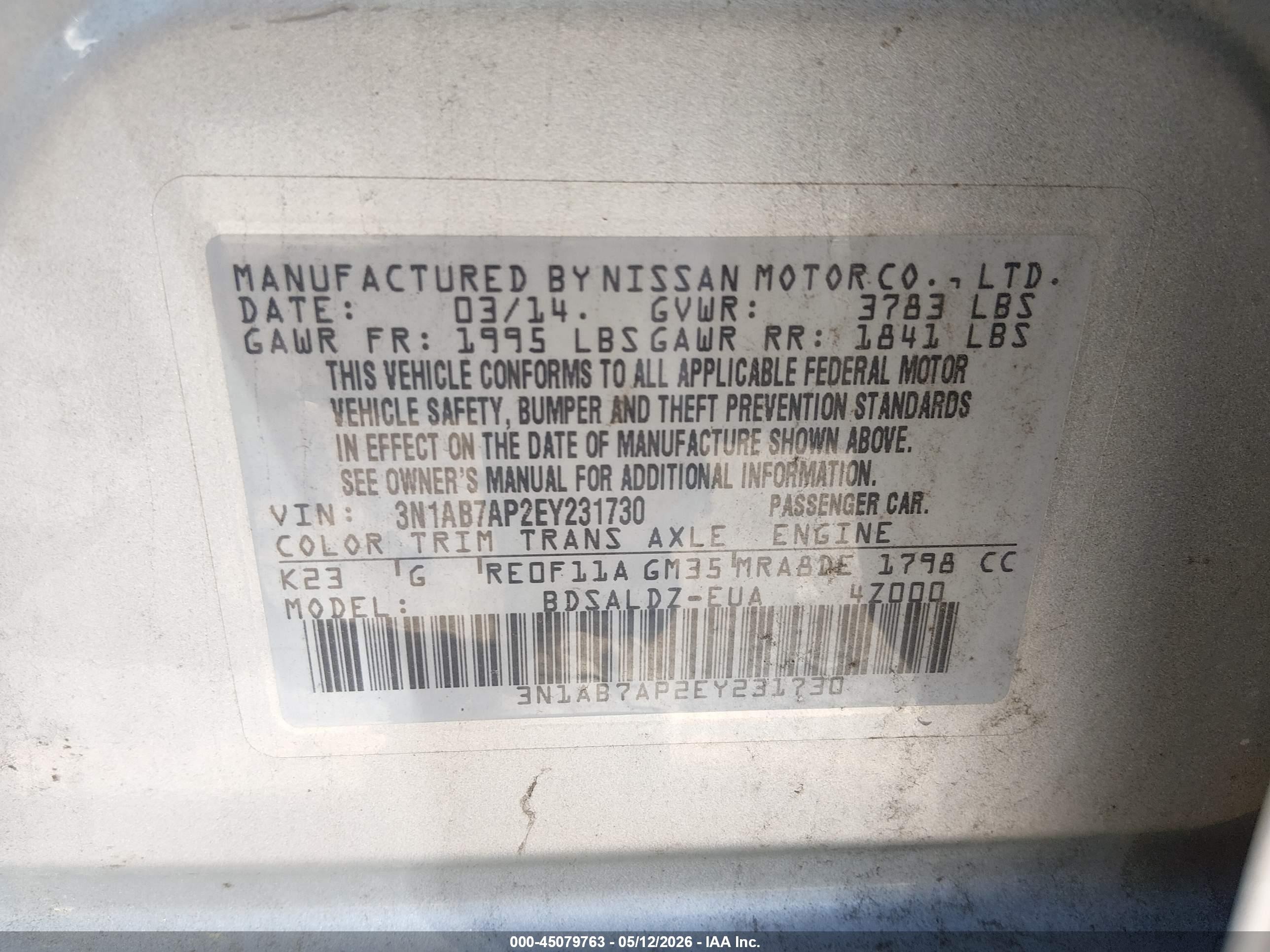 2014 Nissan Sentra Fe+ S/fe+ Sv/s/sl/sr/sv Silver vin: 3N1AB7AP2EY231730