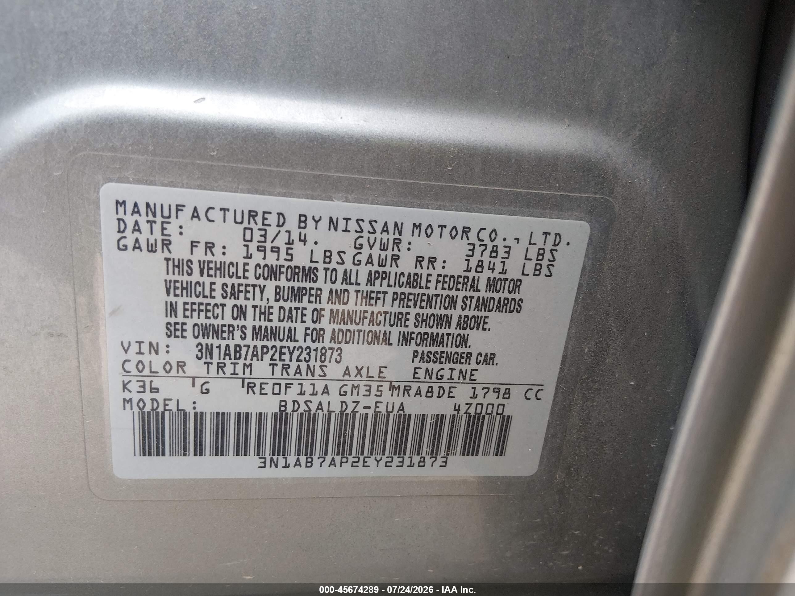 2014 Nissan Sentra Sv Серый vin: 3N1AB7AP2EY231873