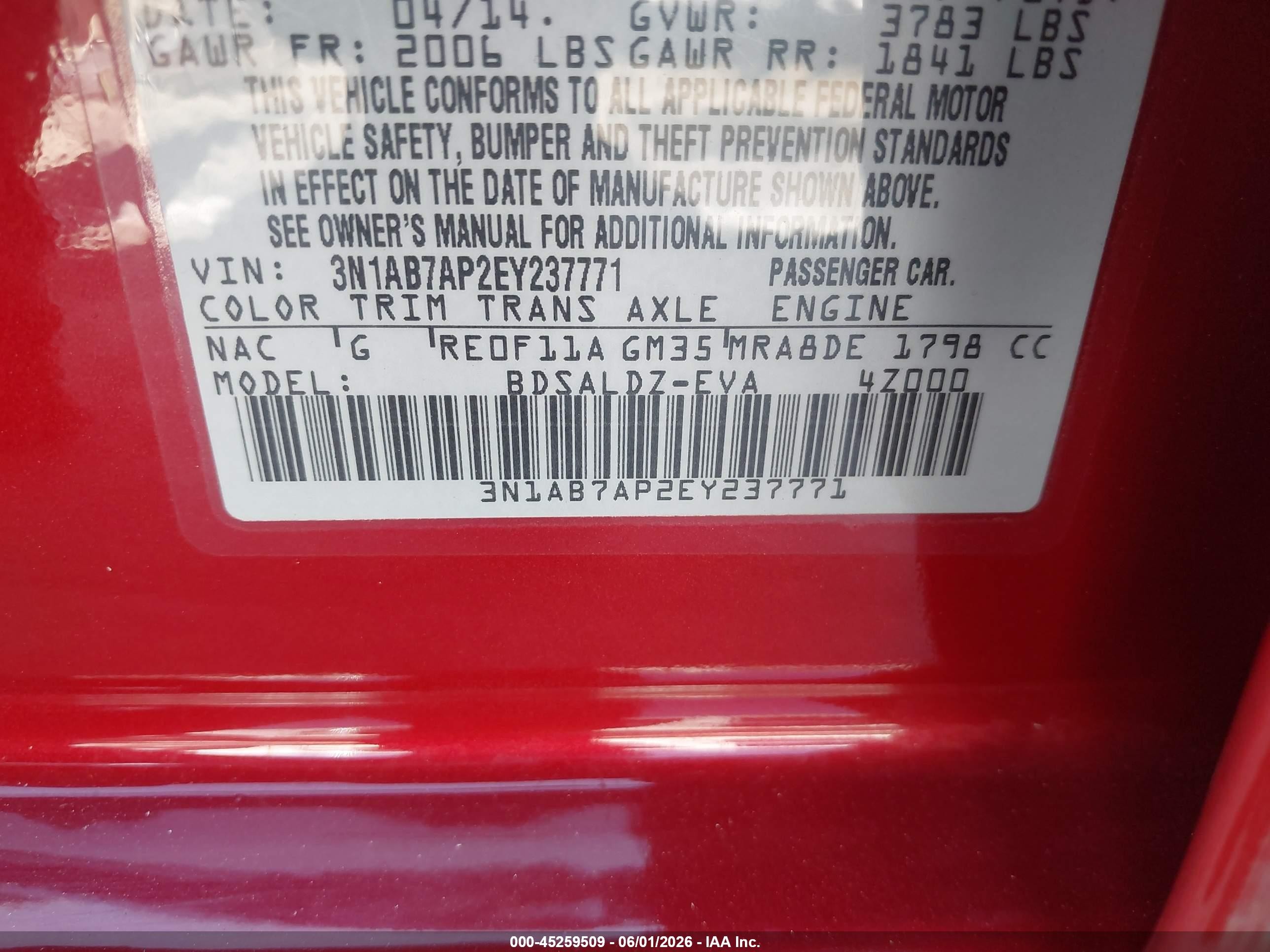 2014 Nissan Sentra Fe+ S/fe+ Sv/s/sl/sr/sv Red vin: 3N1AB7AP2EY237771