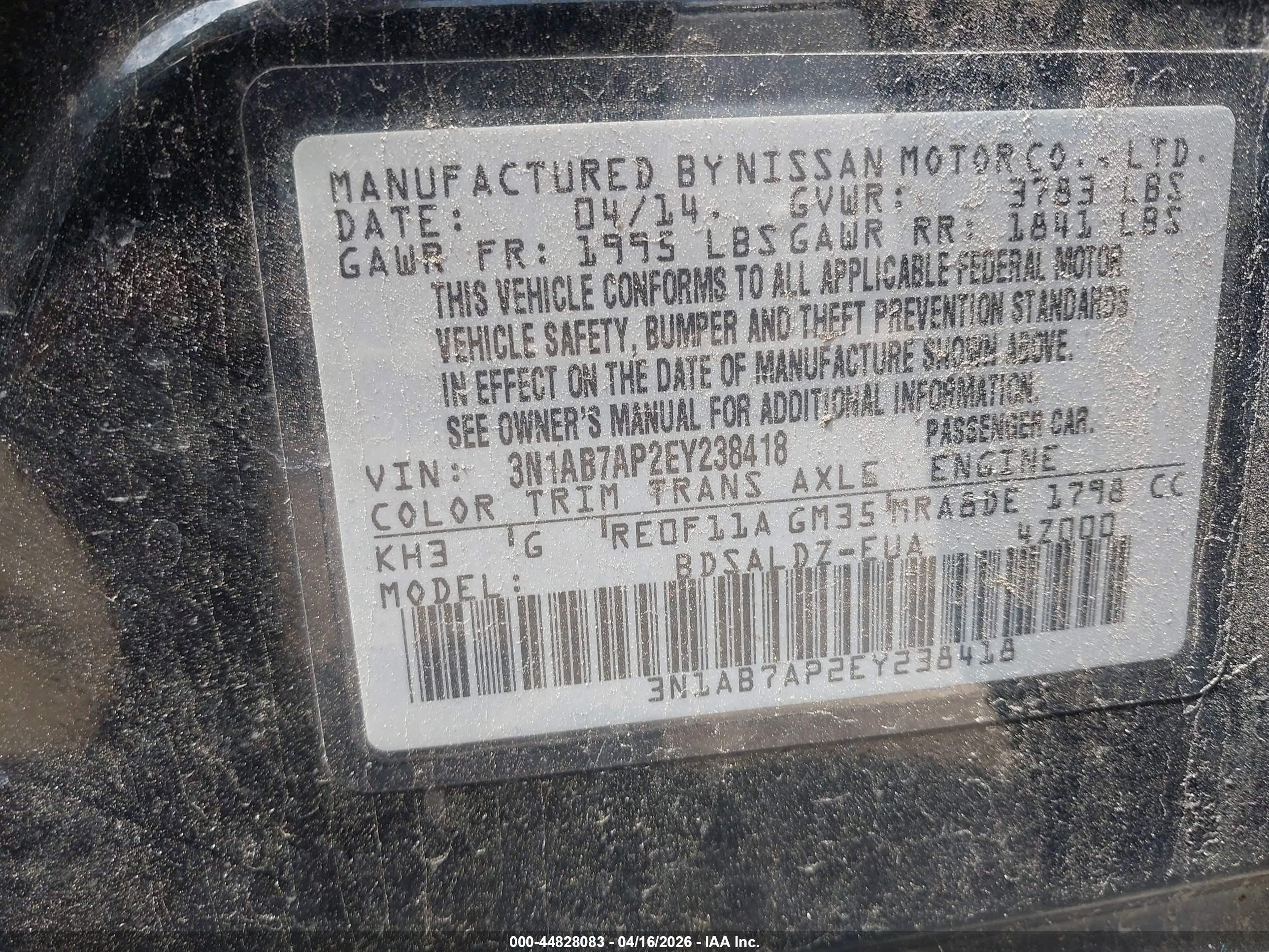 2014 Nissan Sentra Fe+ S/fe+ Sv/s/sl/sr/sv Black vin: 3N1AB7AP2EY238418