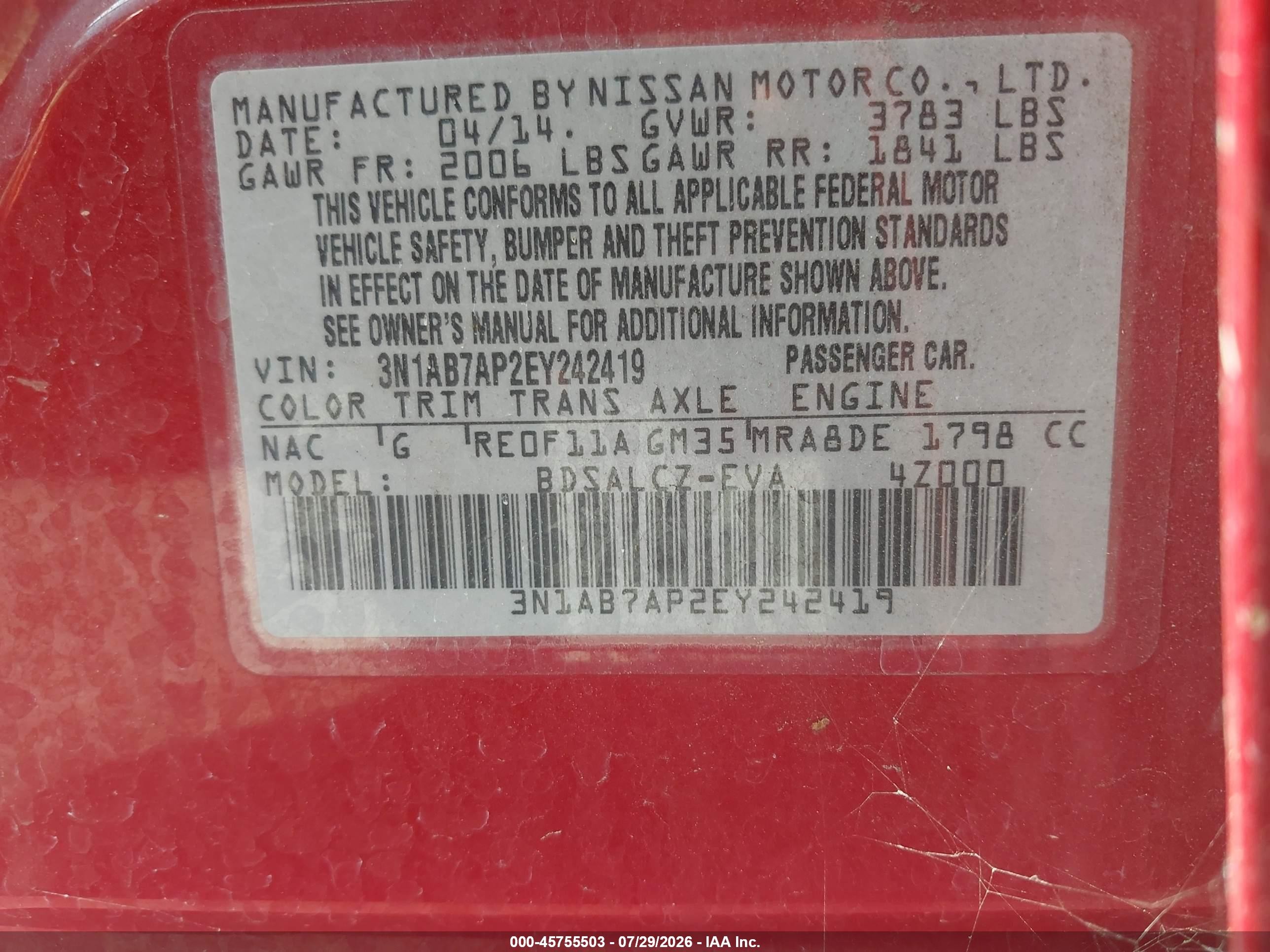 2014 Nissan Sentra Fe+ S/fe+ Sv/s/sl/sr/sv Red vin: 3N1AB7AP2EY242419