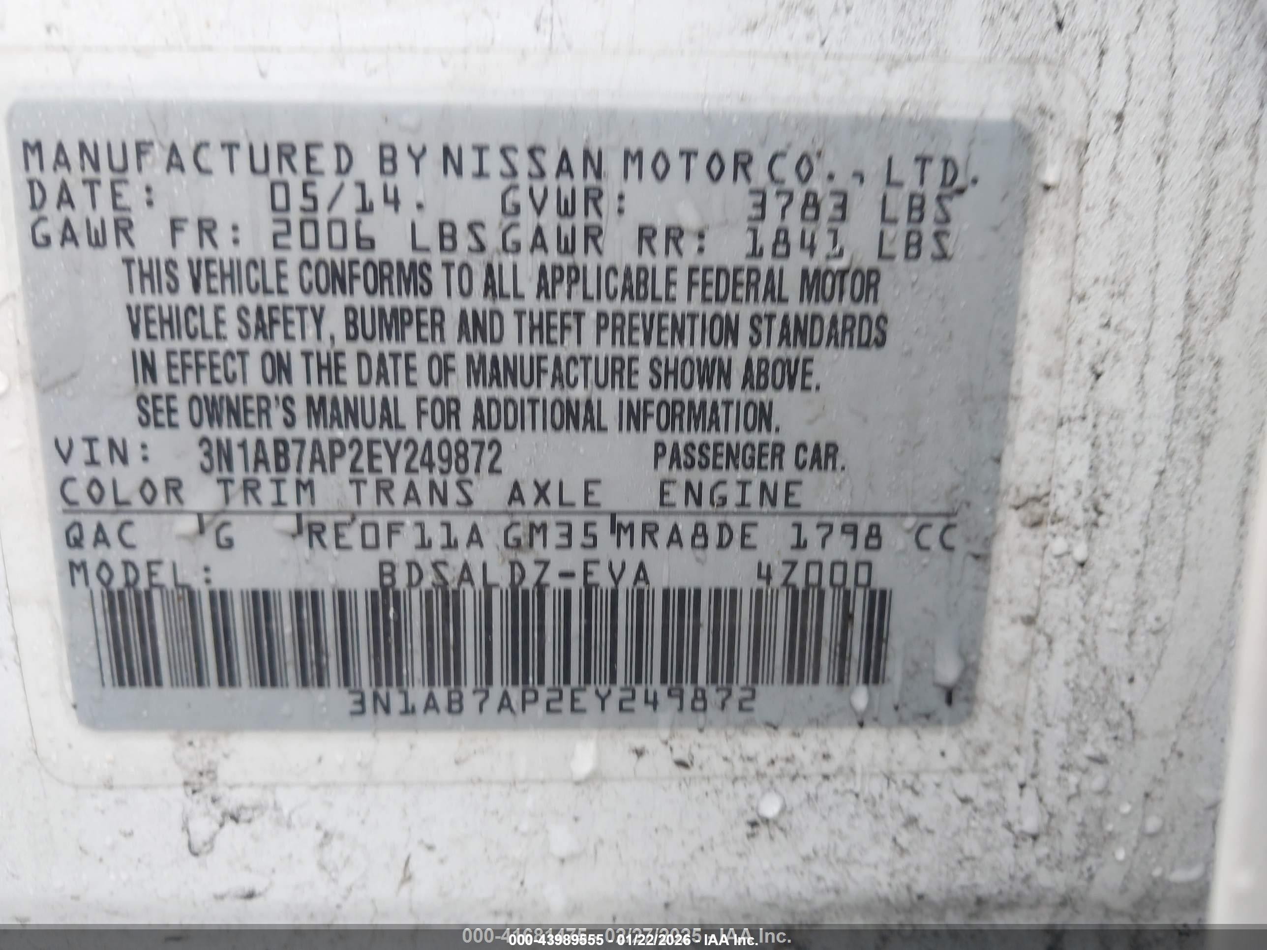 2014 Nissan Sentra Fe+ S/fe+ Sv/s/sl/sr/sv White vin: 3N1AB7AP2EY249872