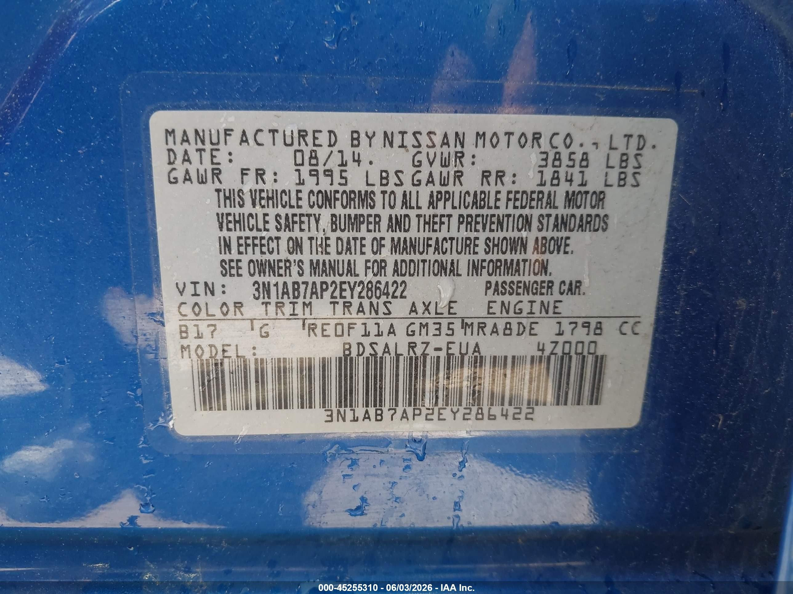 2014 Nissan Sentra Sr Blue vin: 3N1AB7AP2EY286422