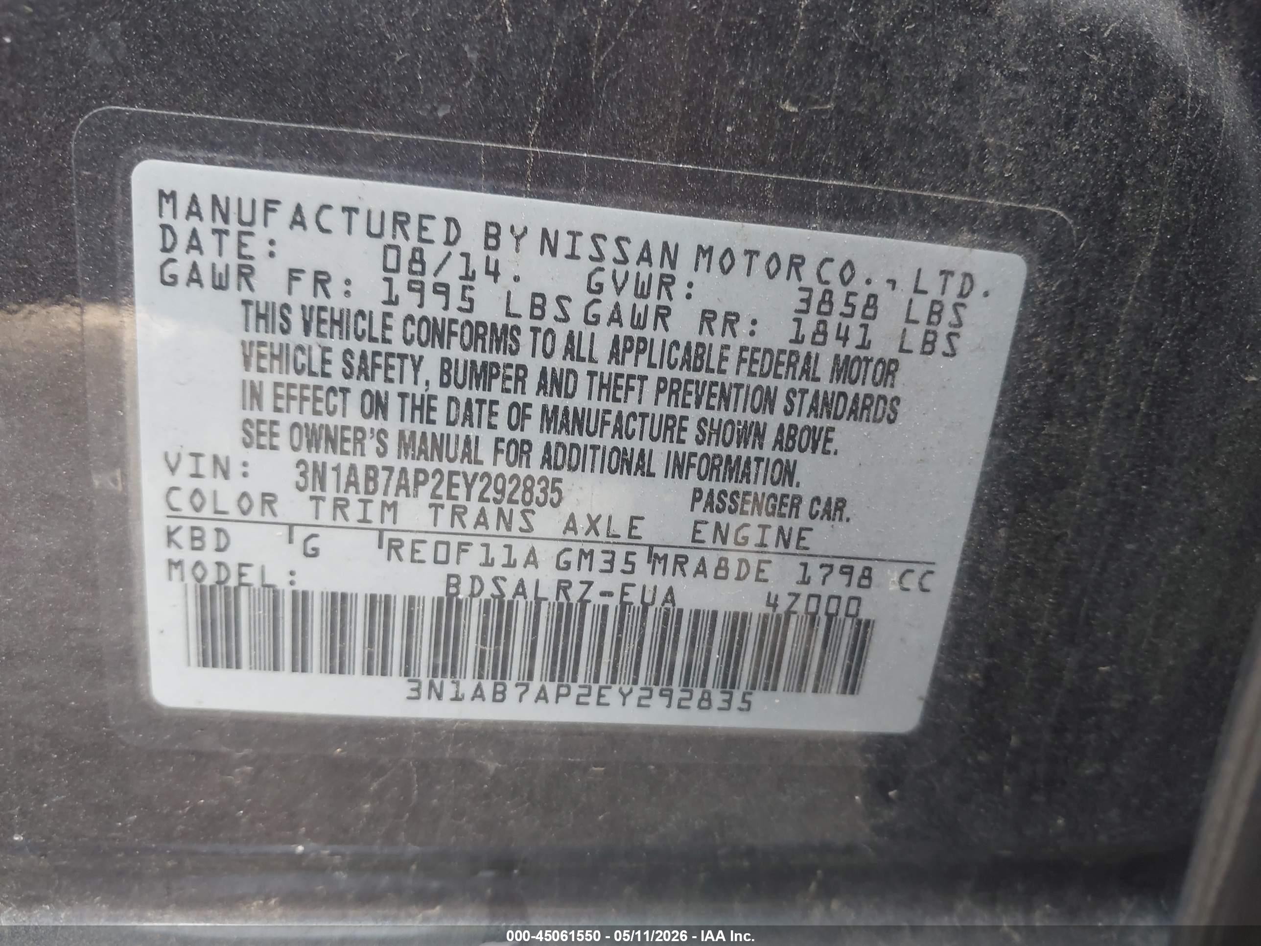 2014 Nissan Sentra Sr Gray vin: 3N1AB7AP2EY292835