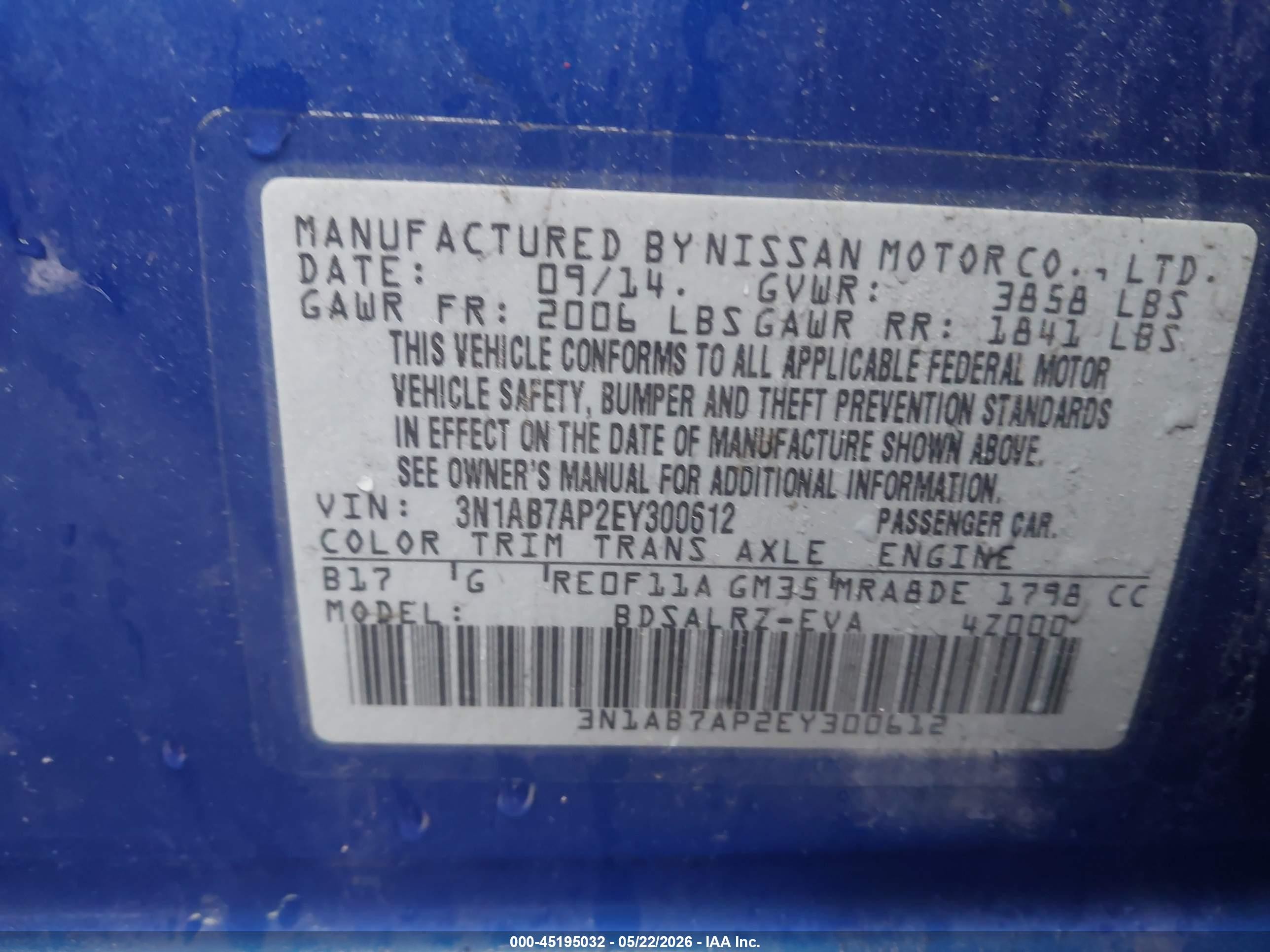 2014 Nissan Sentra Sr Blue vin: 3N1AB7AP2EY300612