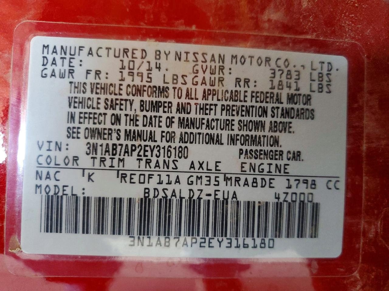 2014 Nissan Sentra Sv Red vin: 3N1AB7AP2EY316180