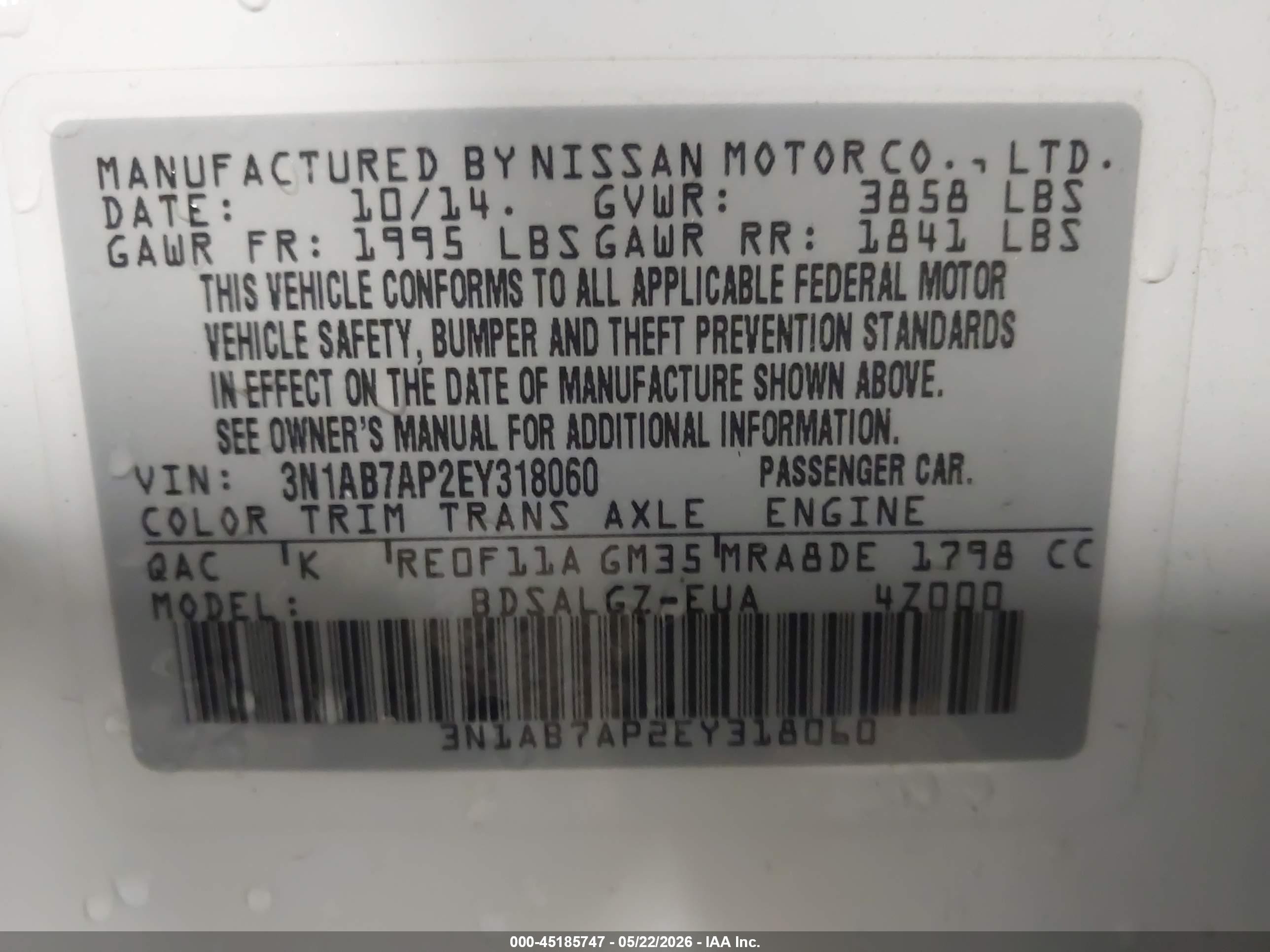 2014 Nissan Sentra Sl White vin: 3N1AB7AP2EY318060