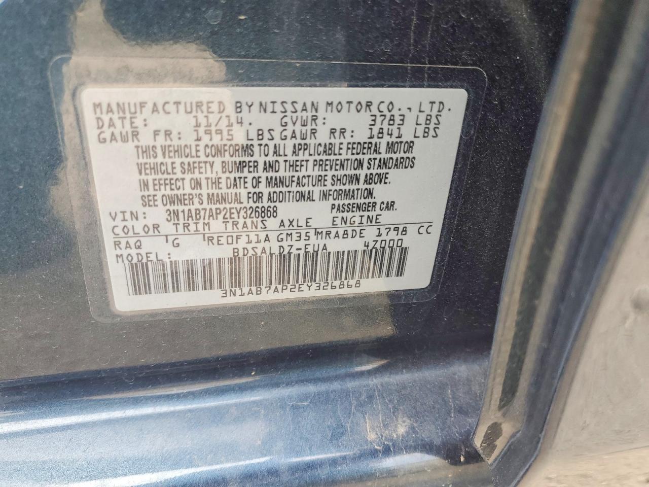 2014 Nissan Sentra Sv Teal vin: 3N1AB7AP2EY326868