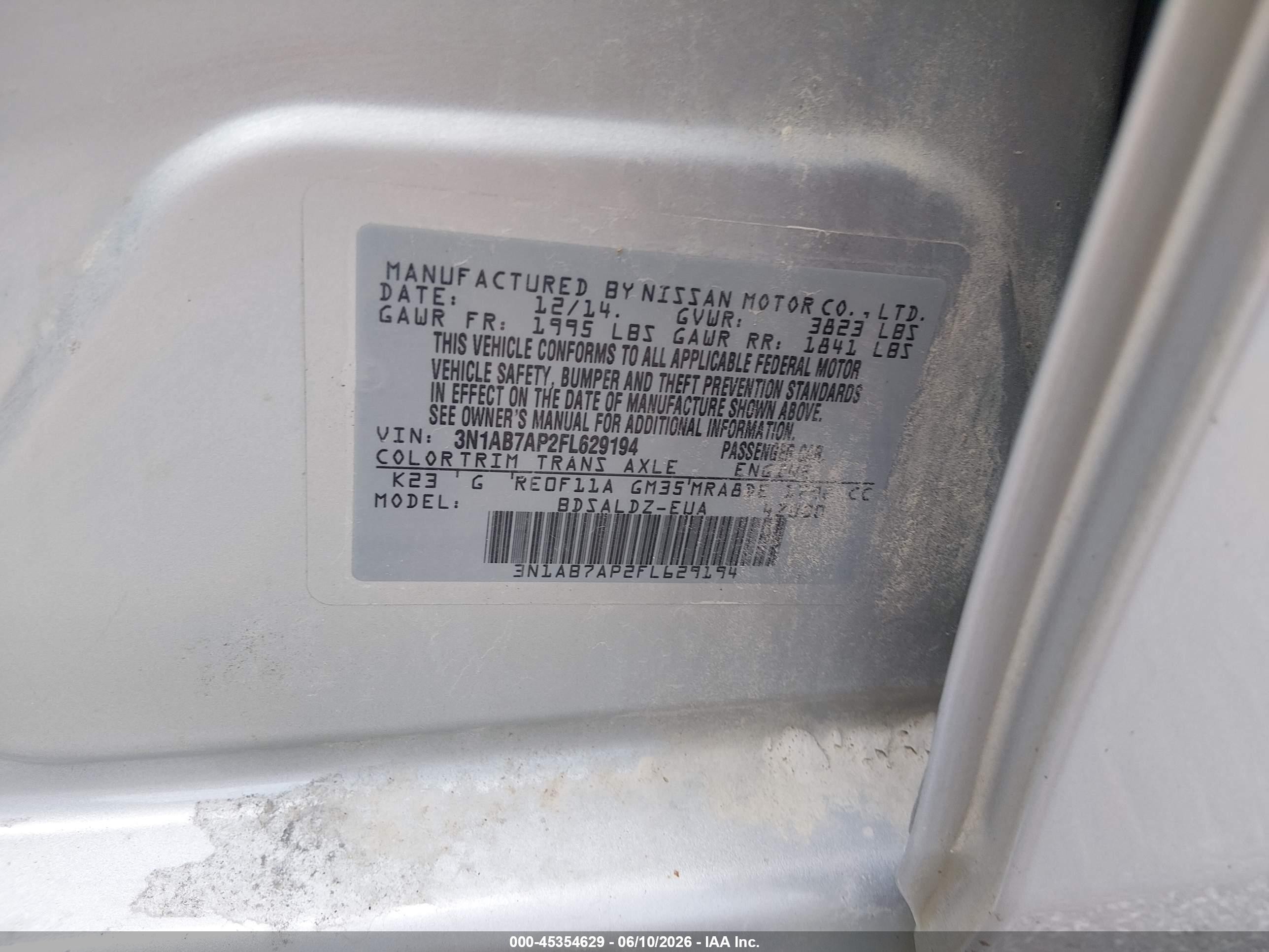 2015 Nissan Sentra Fe+ S/s/sl/sr/sv Silver vin: 3N1AB7AP2FL629194