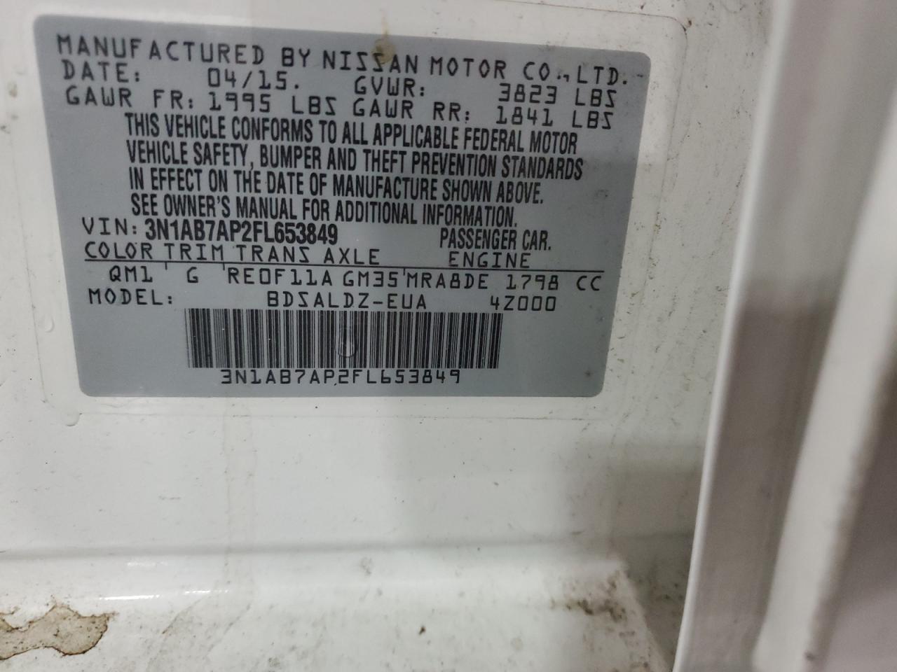 2015 Nissan Sentra S White vin: 3N1AB7AP2FL653849