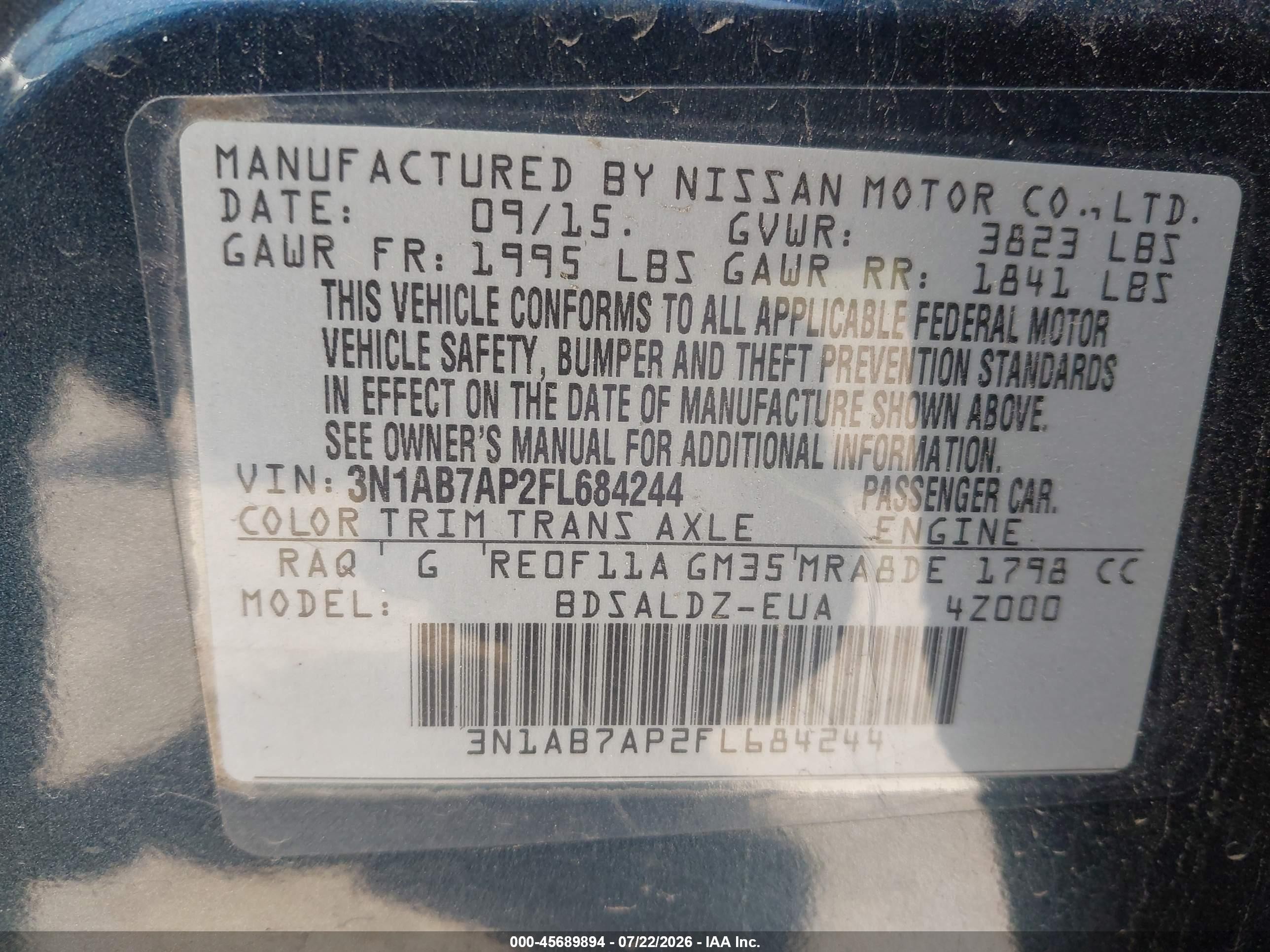 2015 Nissan Sentra Sv Blue vin: 3N1AB7AP2FL684244