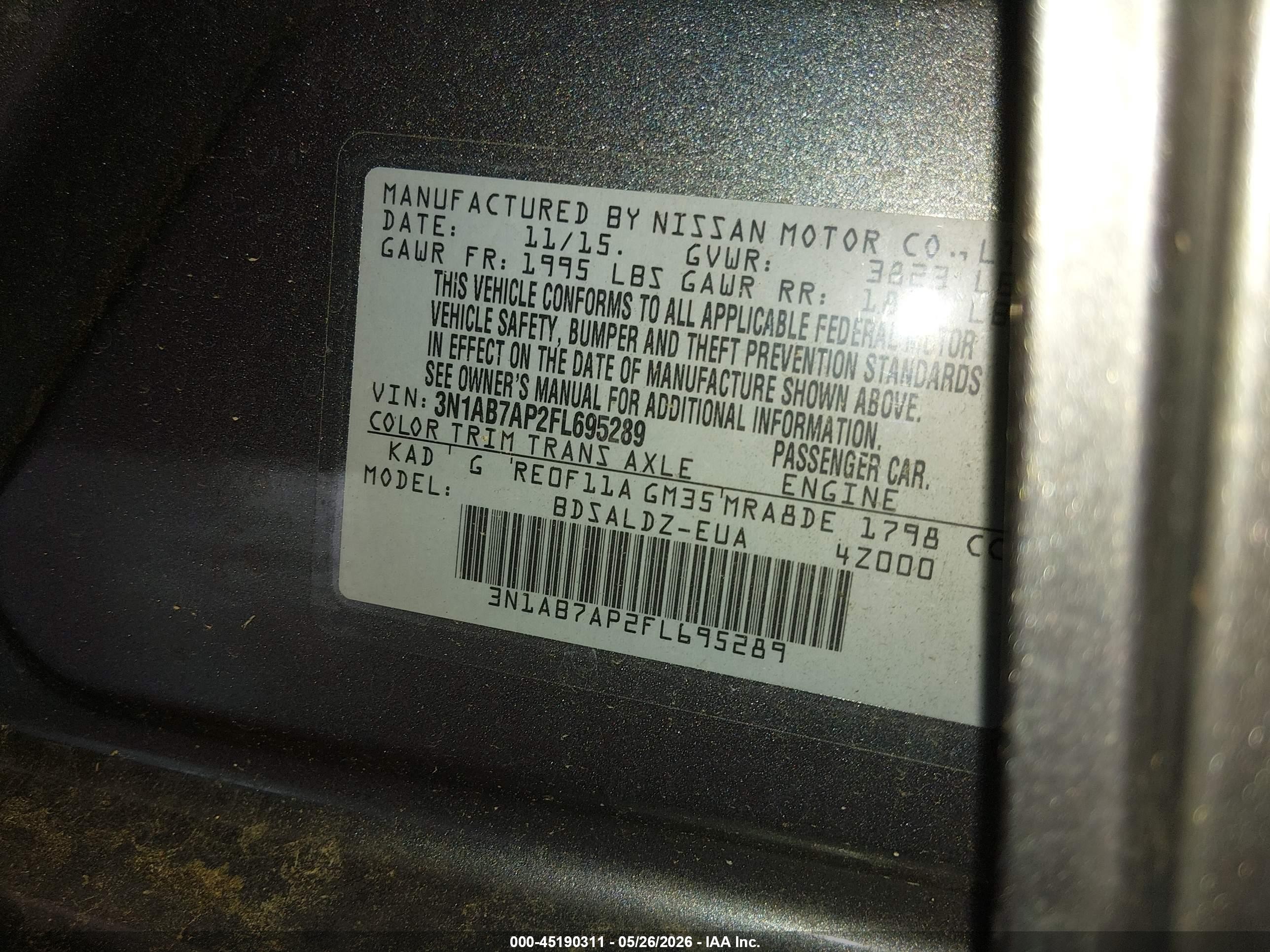 2015 Nissan Sentra Sv Gray vin: 3N1AB7AP2FL695289