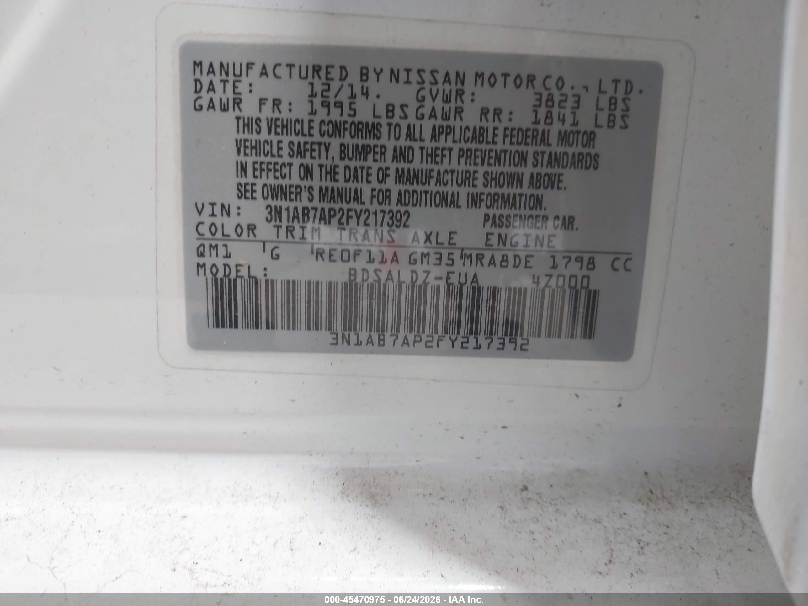 2015 Nissan Sentra Fe+ S/s/sl/sr/sv White vin: 3N1AB7AP2FY217392