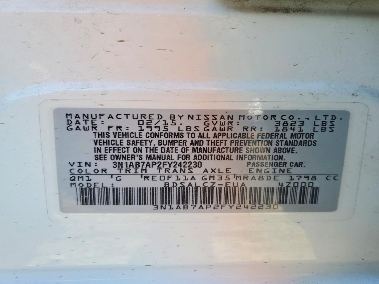 2015 Nissan Sentra S White vin: 3N1AB7AP2FY242230