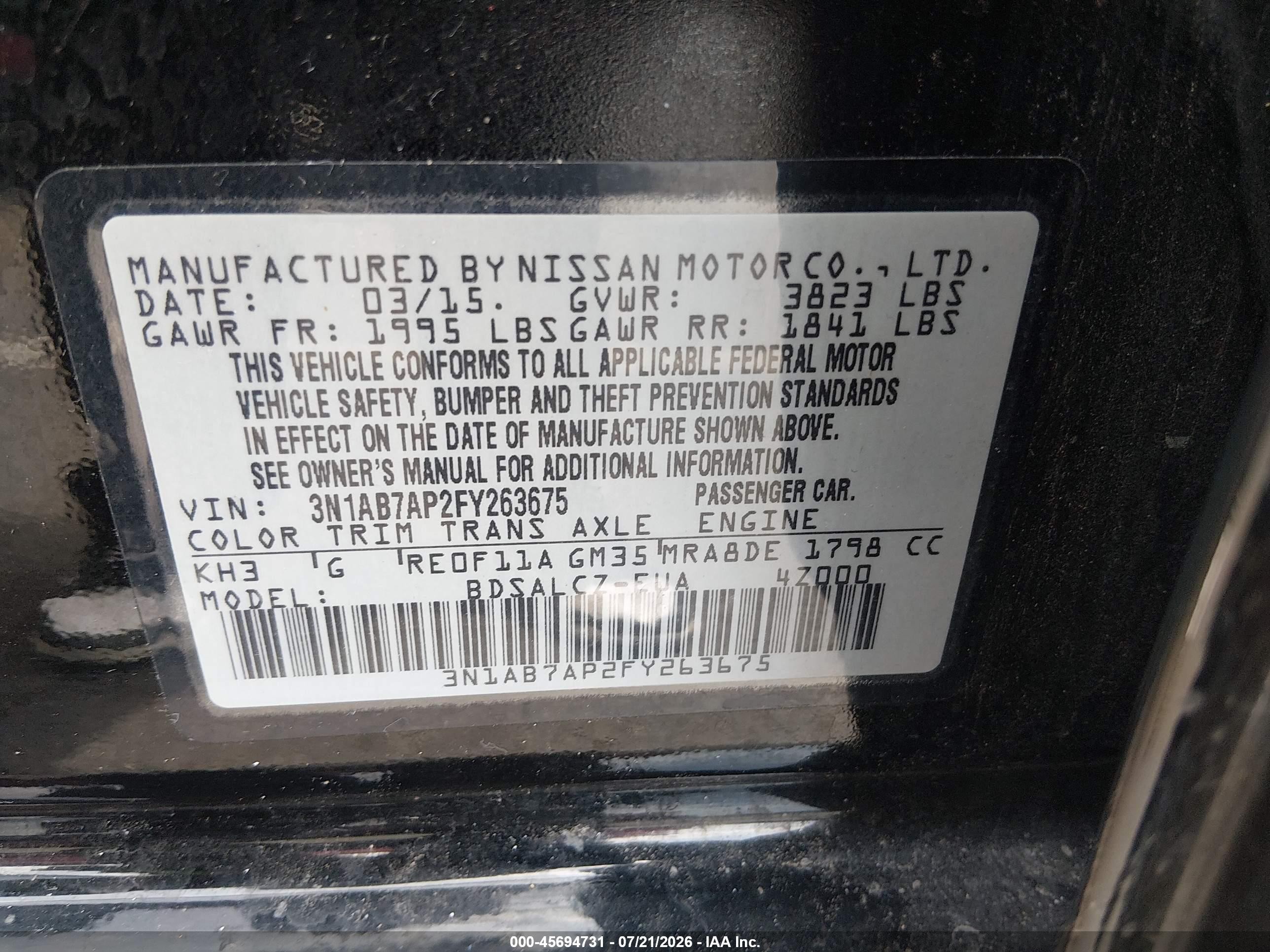 2015 Nissan Sentra S Black vin: 3N1AB7AP2FY263675