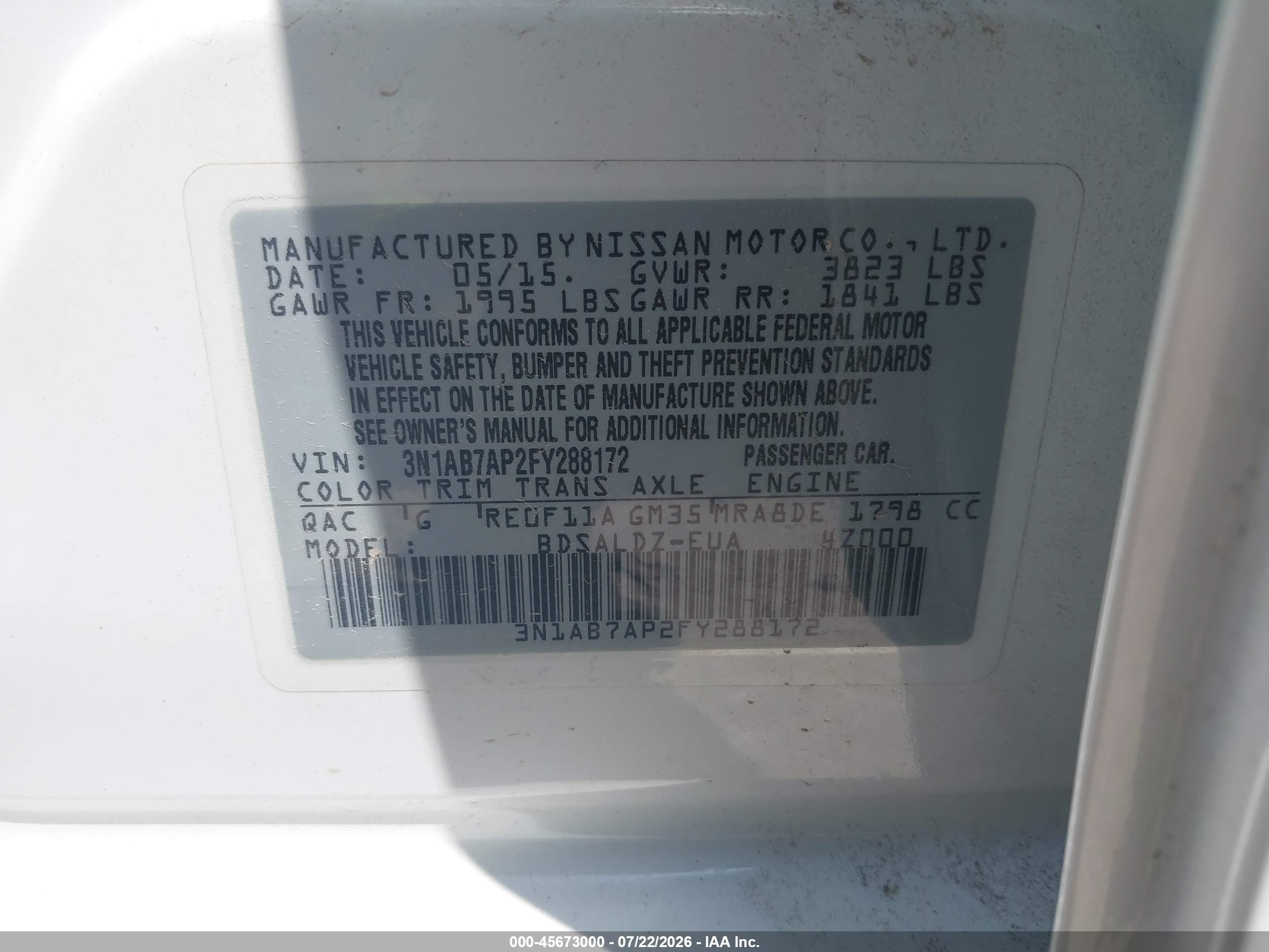 2015 Nissan Sentra Sv White vin: 3N1AB7AP2FY288172