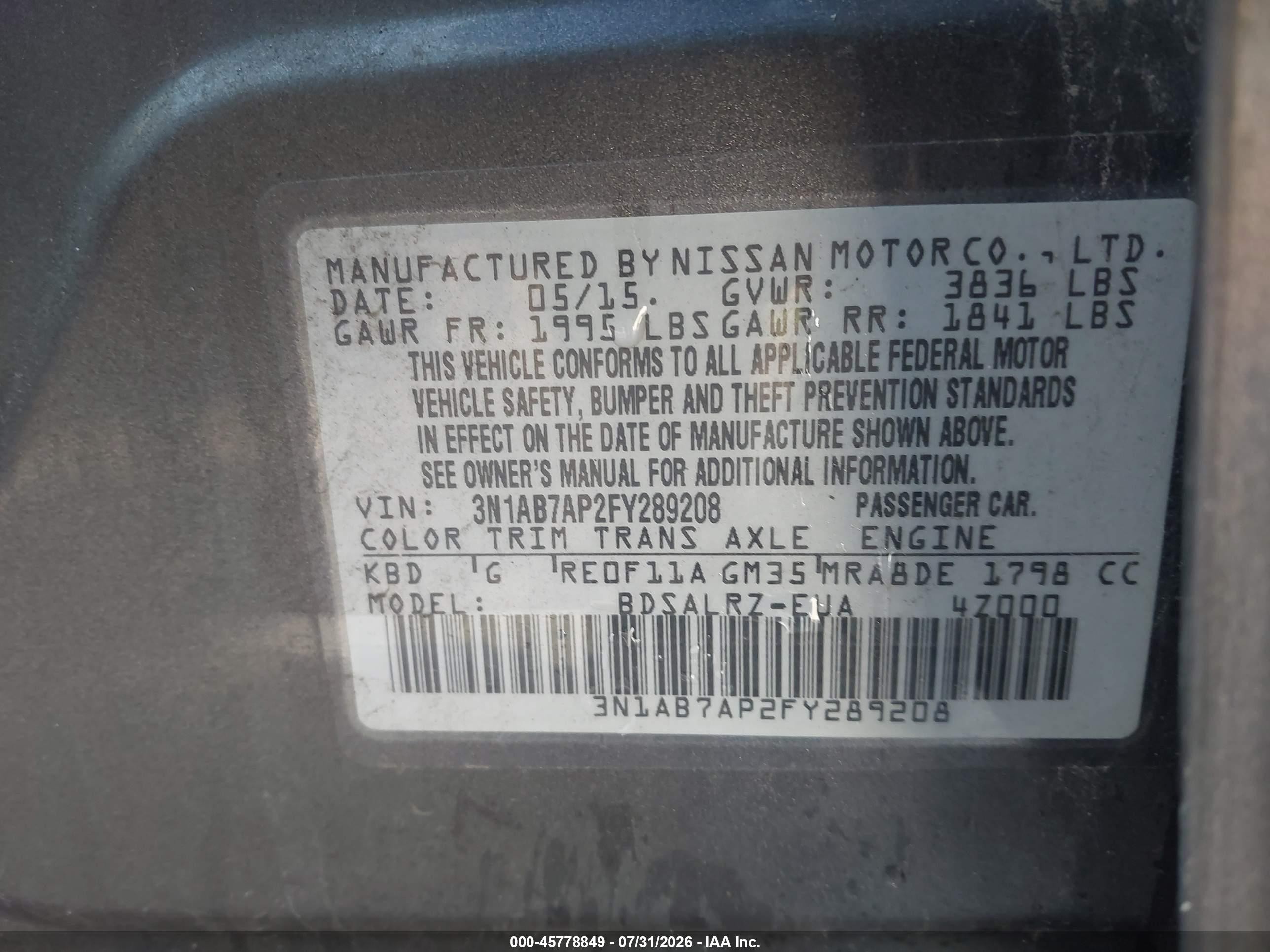 2015 Nissan Sentra Sr Gray vin: 3N1AB7AP2FY289208