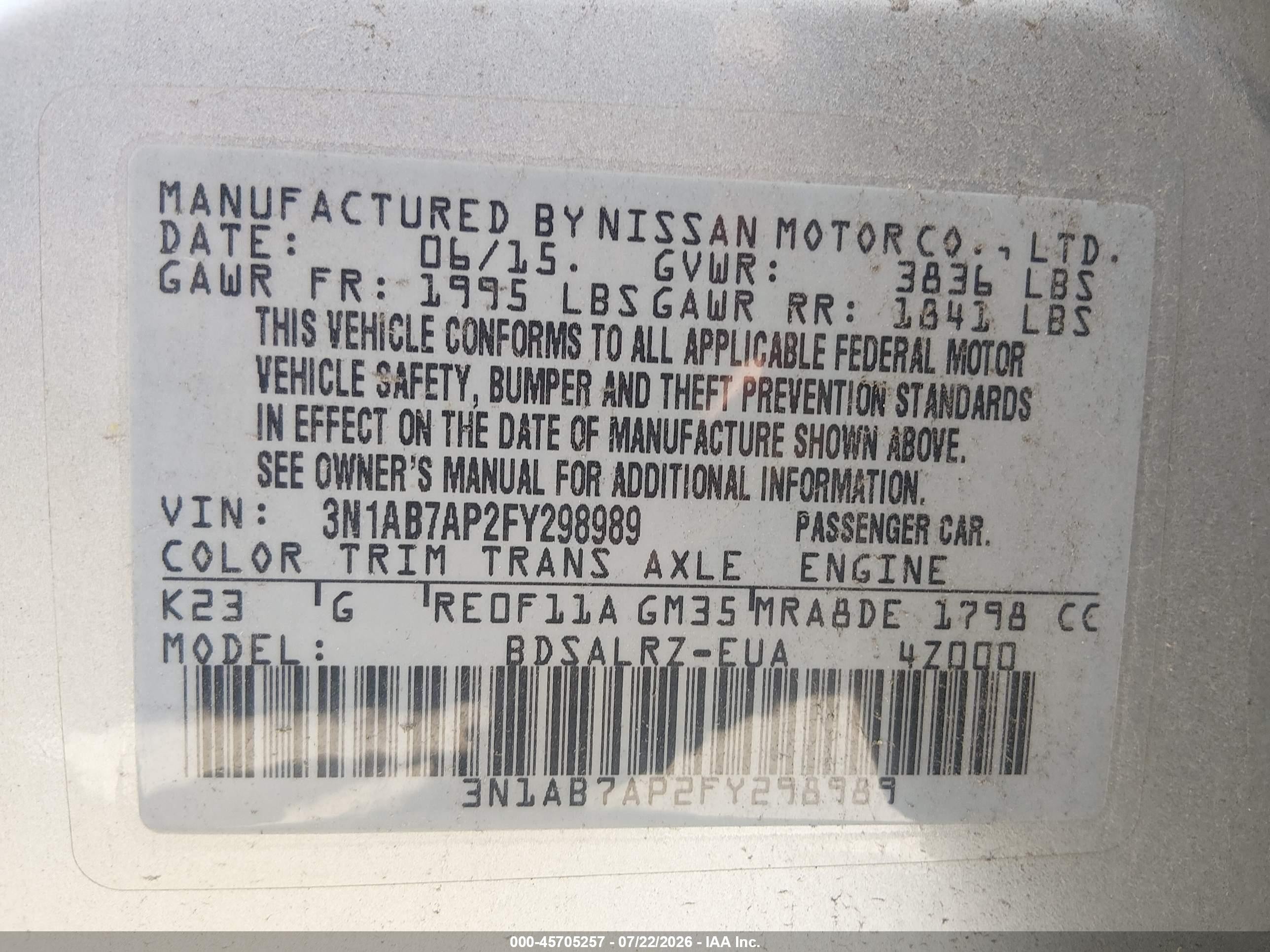 2015 Nissan Sentra Sr Gray vin: 3N1AB7AP2FY298989