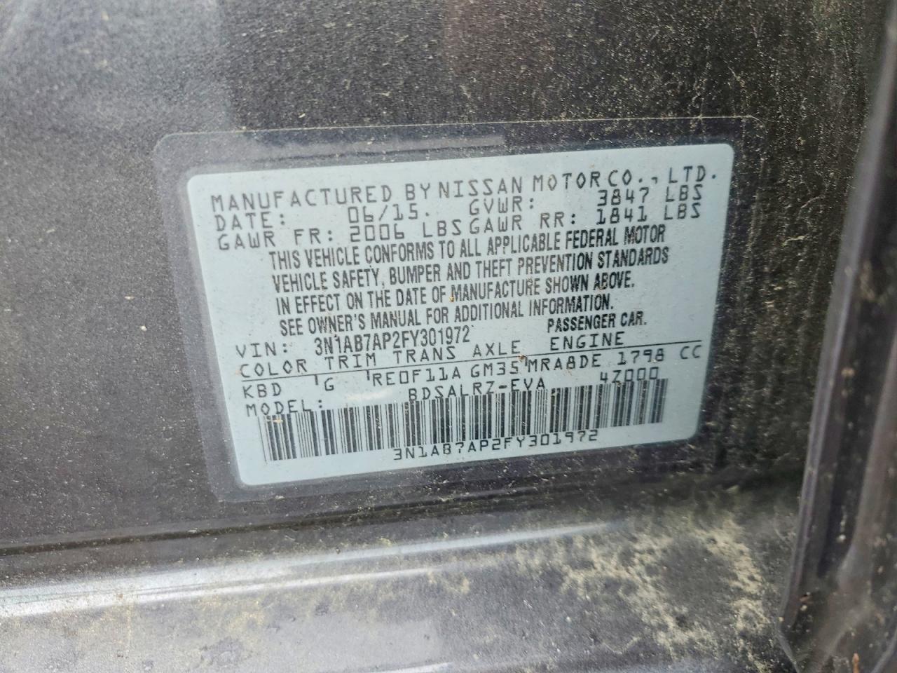 2015 Nissan Sentra Sr Charcoal vin: 3N1AB7AP2FY301972