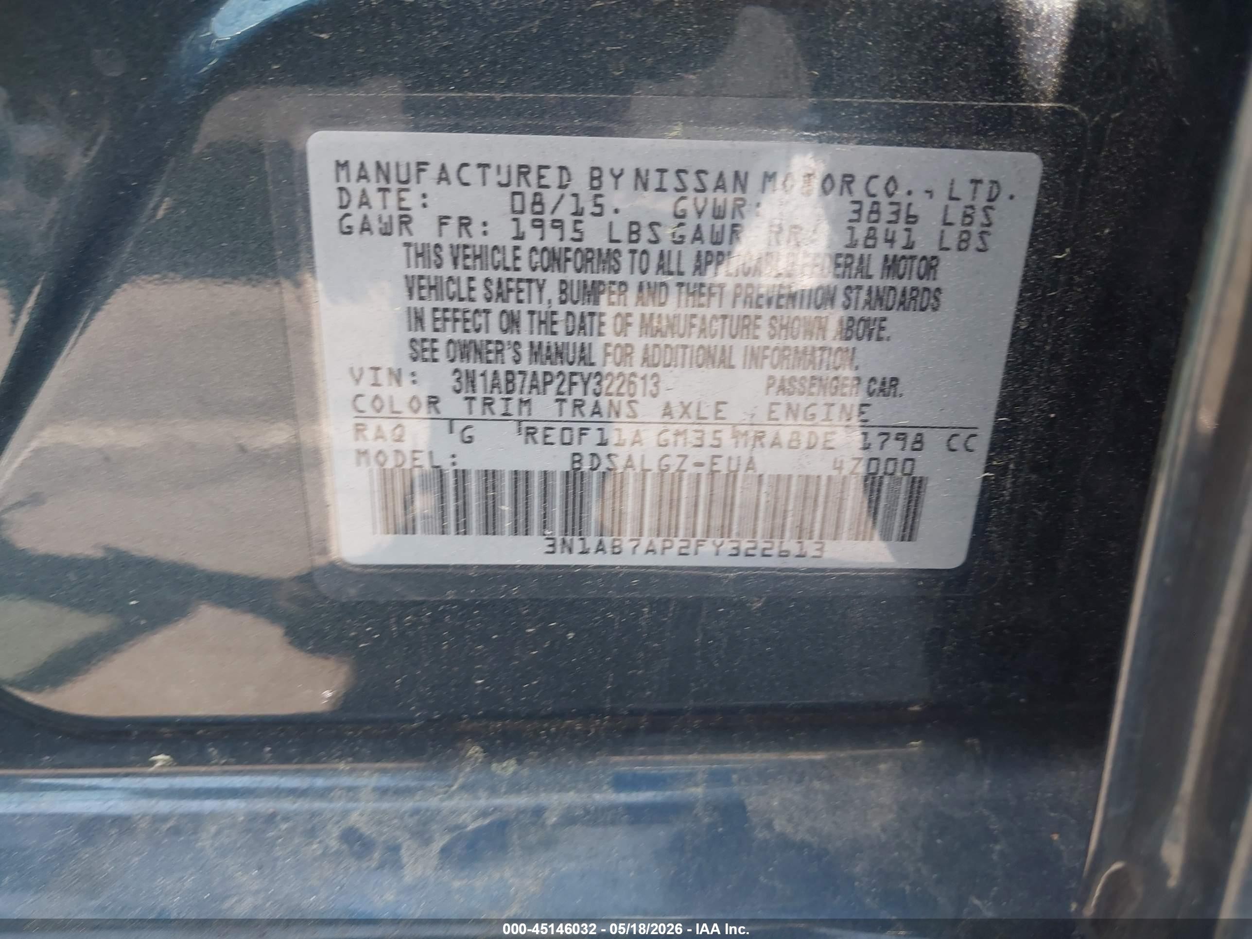 2015 Nissan Sentra Sl Blue vin: 3N1AB7AP2FY322613