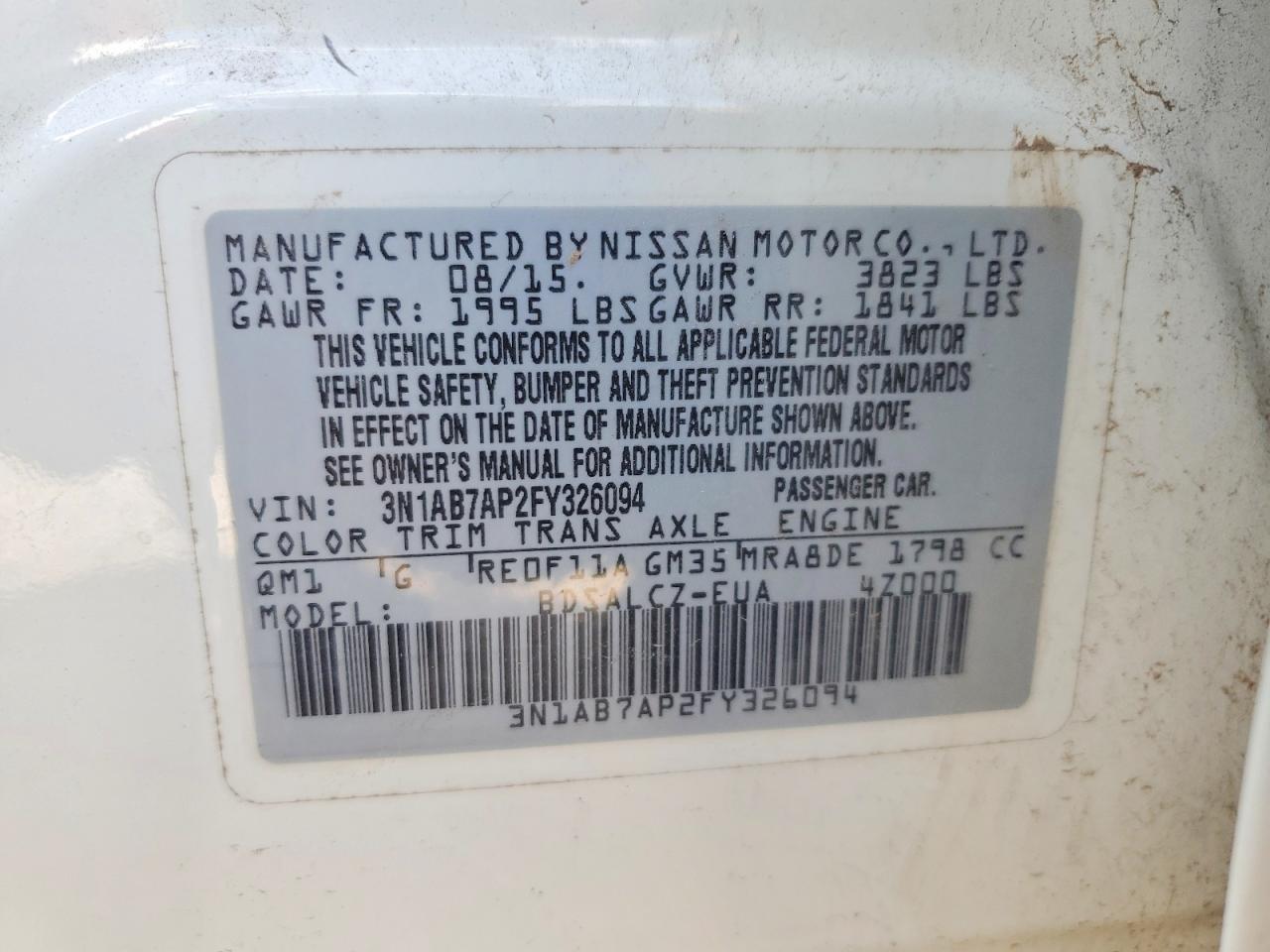 2015 Nissan Sentra S White vin: 3N1AB7AP2FY326094