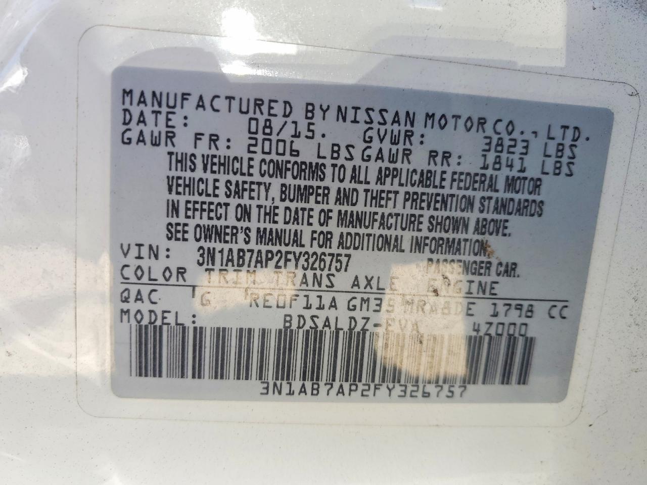 2015 Nissan Sentra Sv White vin: 3N1AB7AP2FY326757