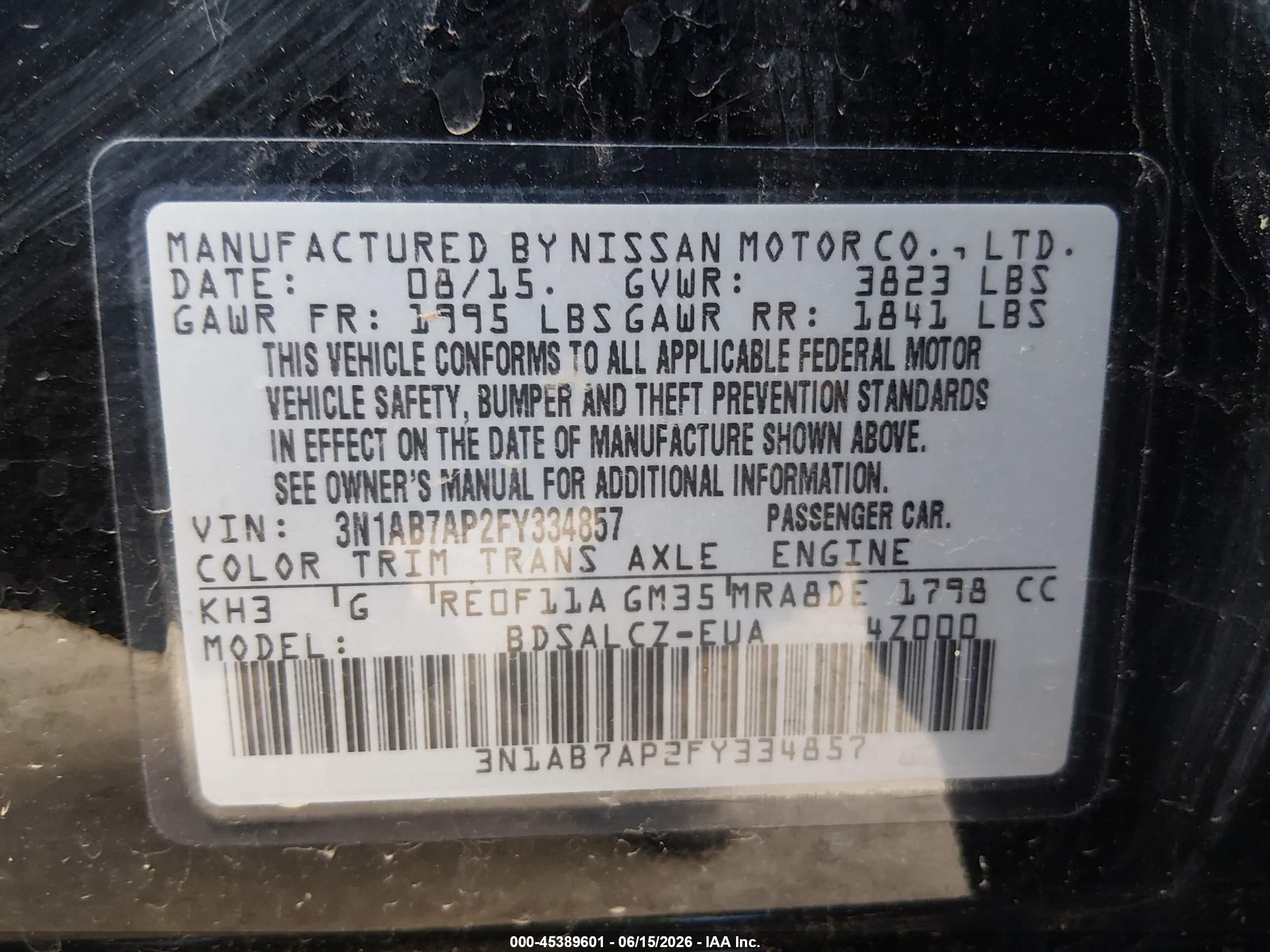 2015 Nissan Sentra S Black vin: 3N1AB7AP2FY334857